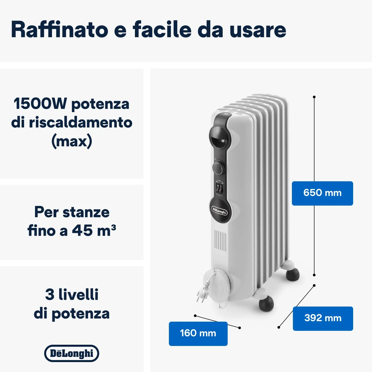 De'Longhi TRRS0715 Radiatore ad Olio Elettrico, 7 Elementi, 1500 Watt, Bianco - immagine 2