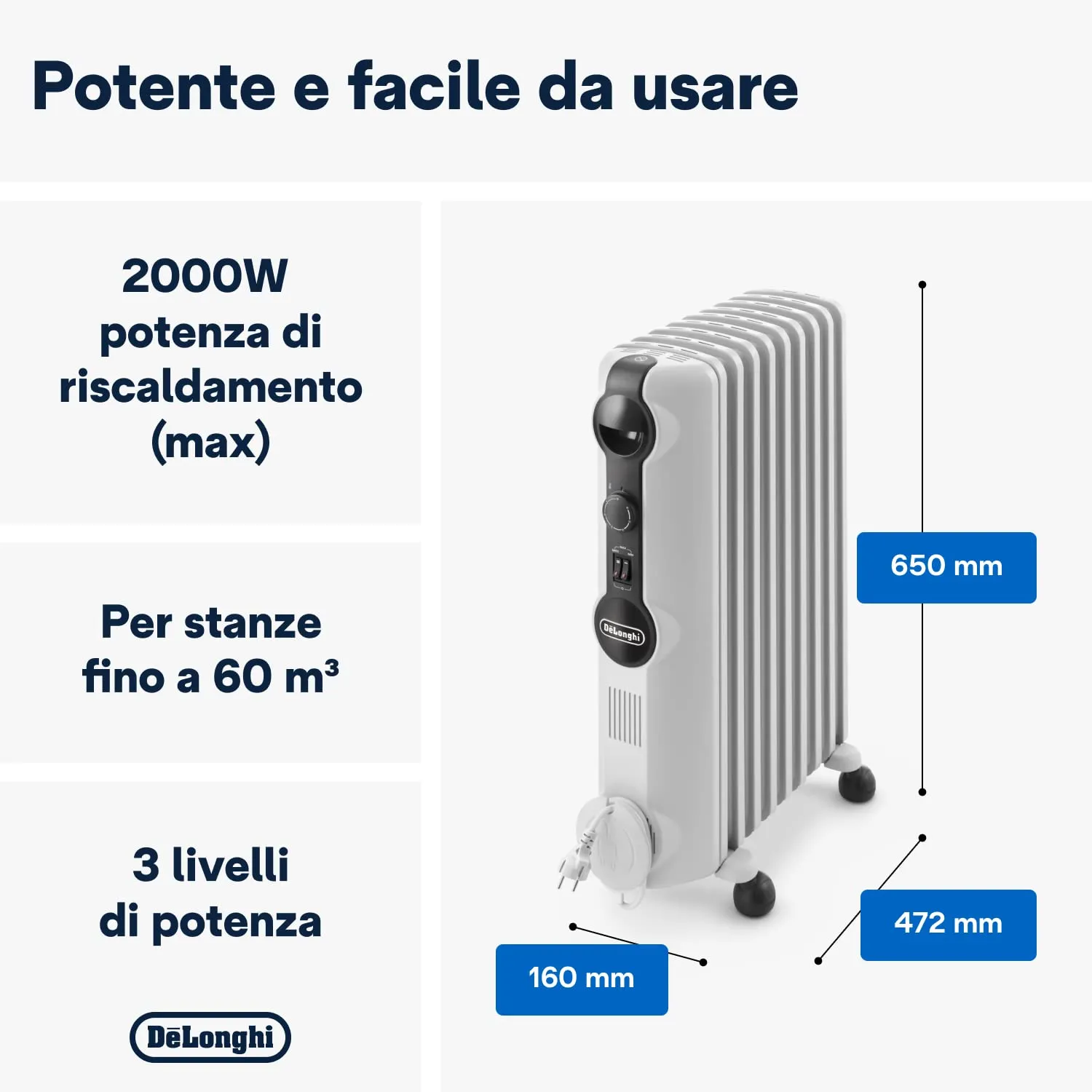 De'Longhi TRRS0920 Radiatore ad Olio Elettrico, 9 Elementi, 2000W, Grigio - immagine 3