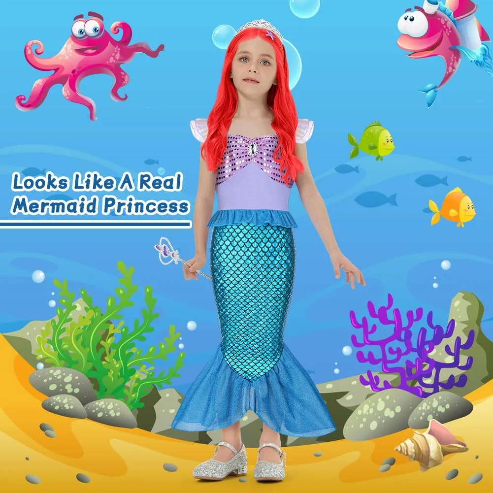AOOWU Vestito Sirenetta Bambina con Parrucca, Costume Principessa Sirena per Cosplay (130cm) - immagine 2