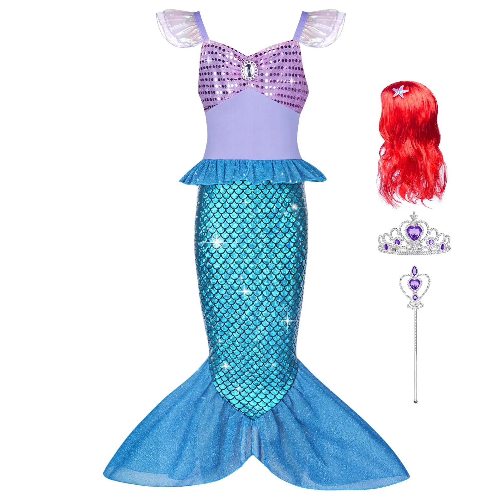 AOOWU Vestito Sirenetta Bambina con Parrucca, Costume Principessa Sirena per Cosplay (130cm) - immagine 8
