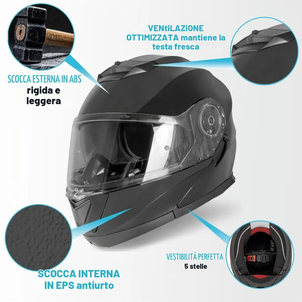 Vinz Santos Casco Modulare Moto & Scooter, Doppia Visiera, ECE 22.06, Pinlock Preparato, Nero - immagine 4
