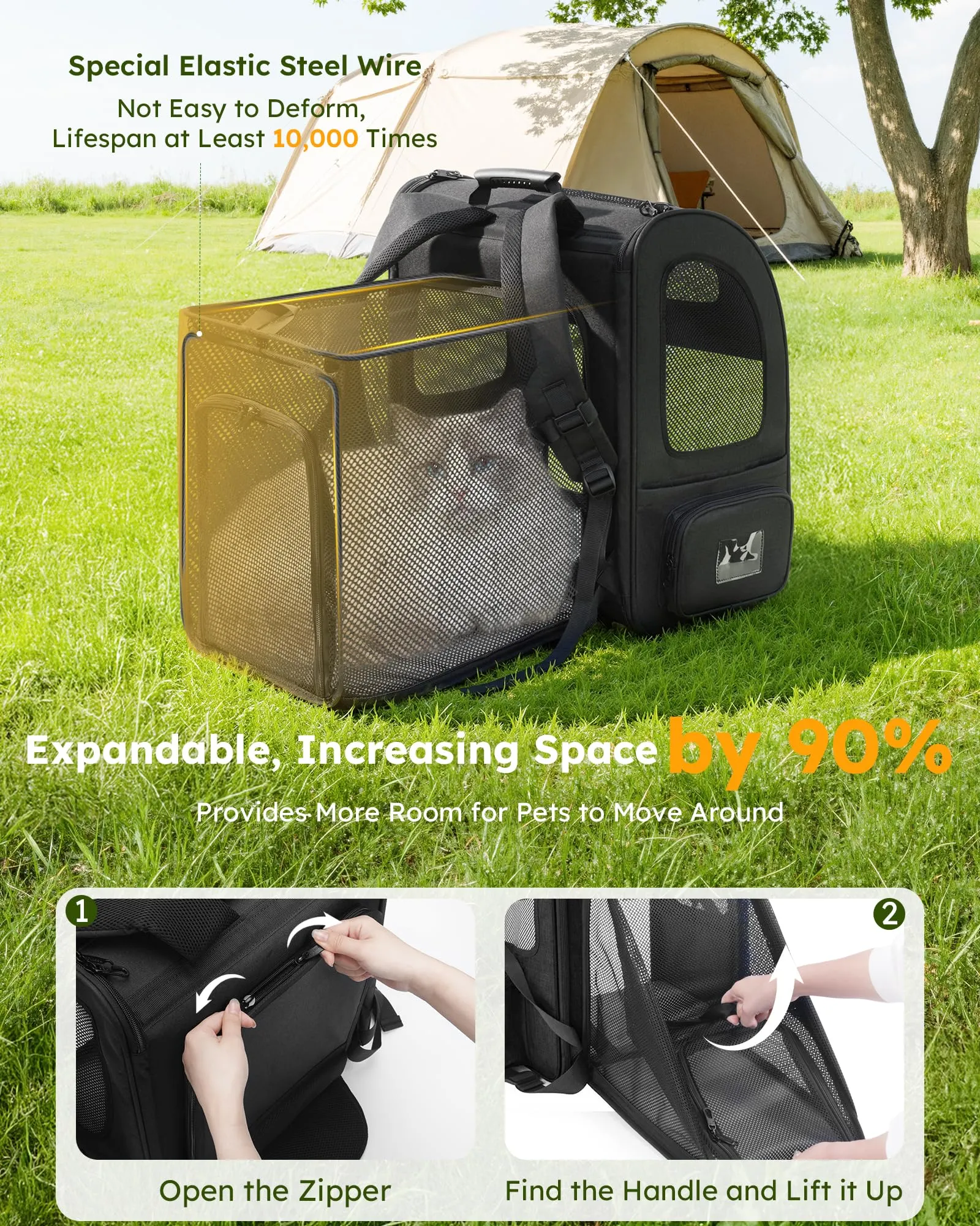 Pecute Zaino Trasportino Estensibile per Cani e Gatti, Nero - immagine 2