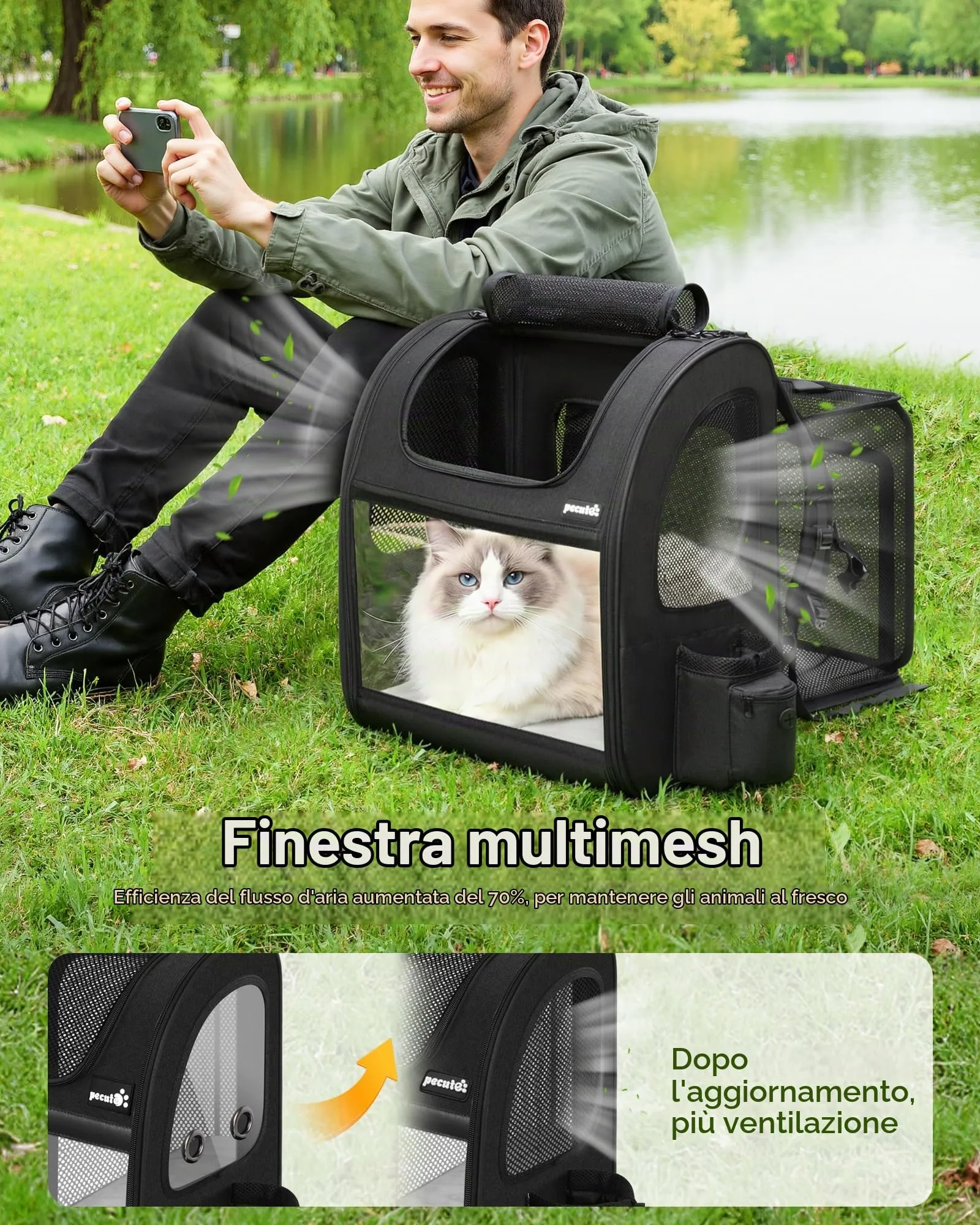 Pecute Zaino Trasportino Estensibile per Cani e Gatti, Nero - immagine 4