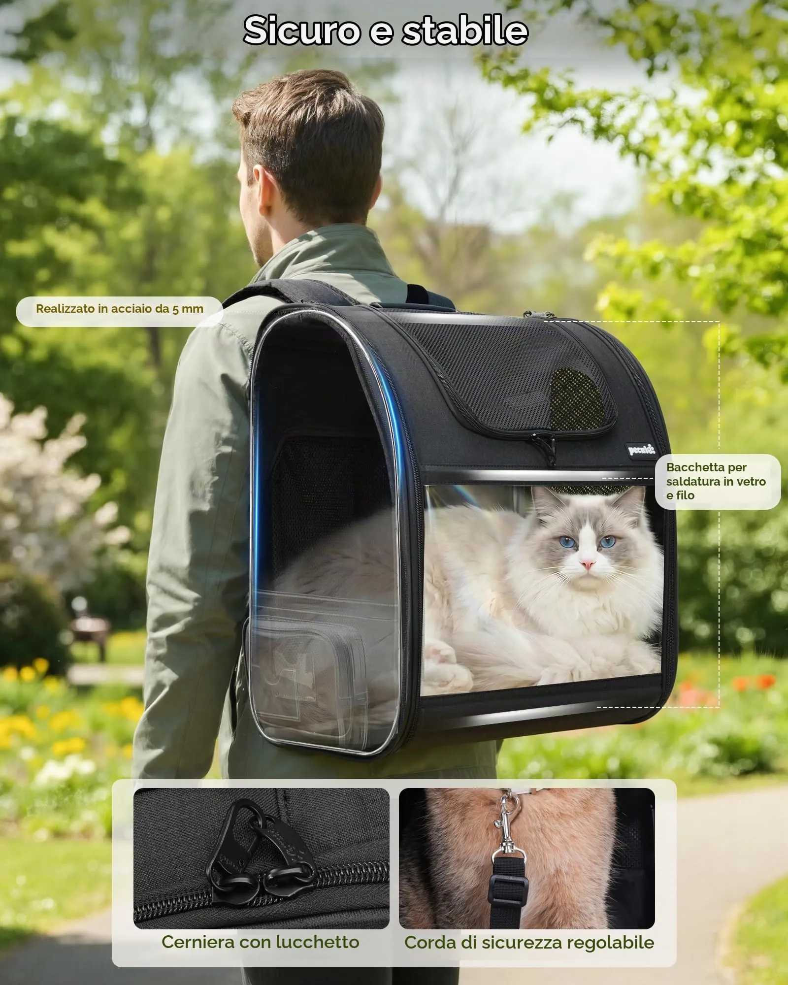 Pecute Zaino Trasportino Estensibile per Cani e Gatti, Nero - immagine 5