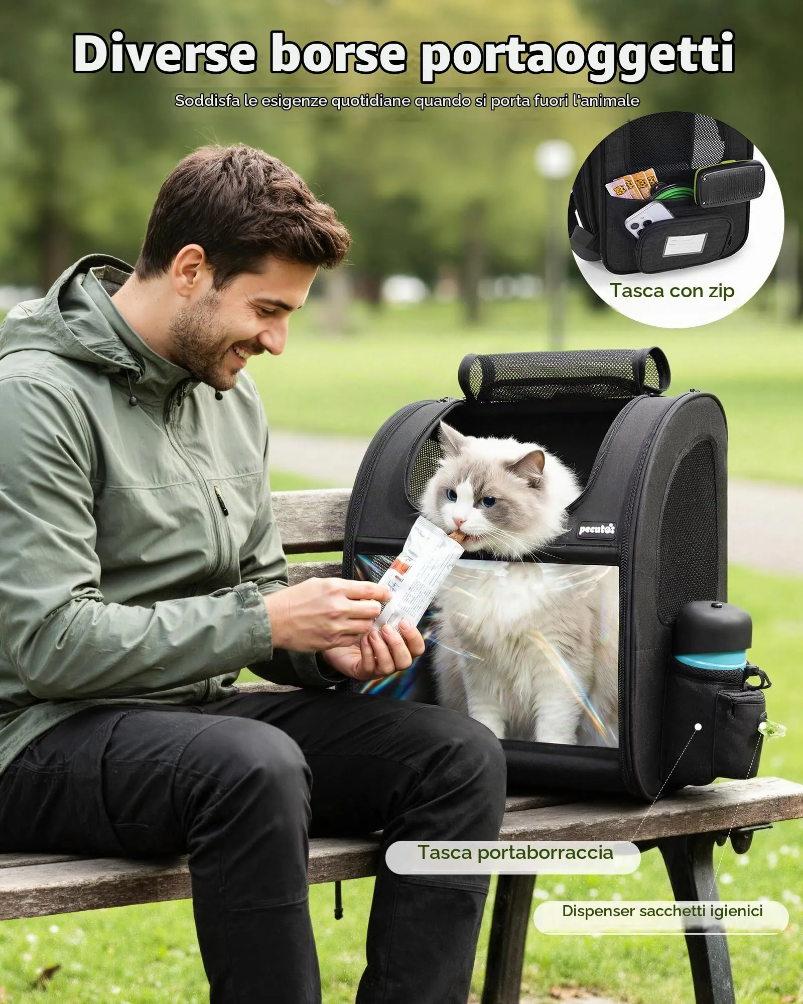 Pecute Zaino Trasportino Estensibile per Cani e Gatti, Nero - immagine 8