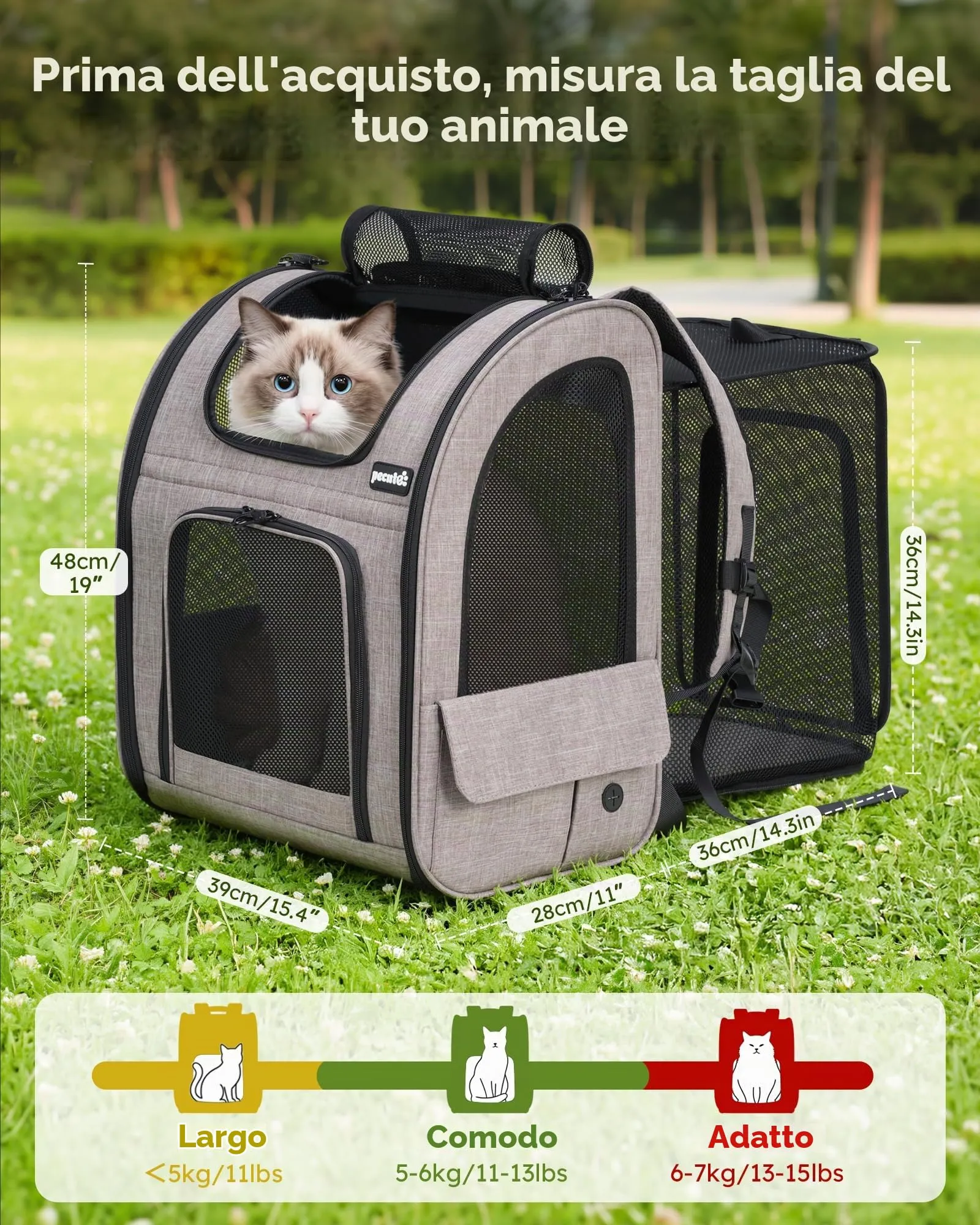 Pecute Zaino Trasportino Estensibile per Cani e Gatti, XL, Cachi - immagine 2