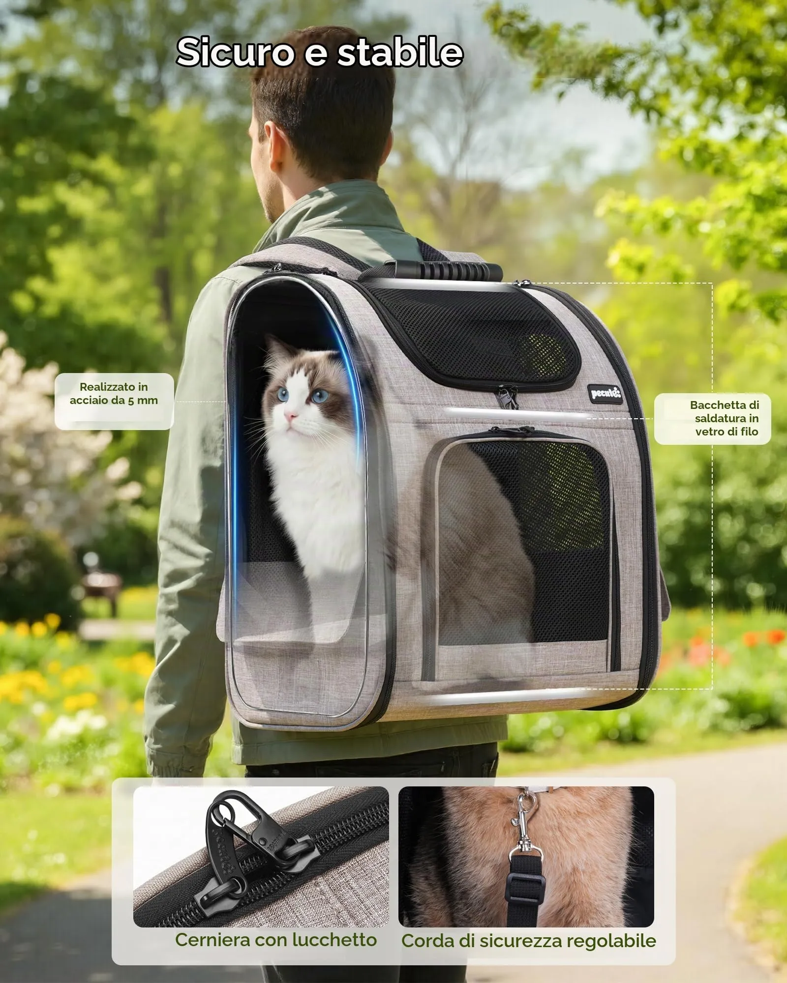 Pecute Zaino Trasportino Estensibile per Cani e Gatti, XL, Cachi - immagine 5
