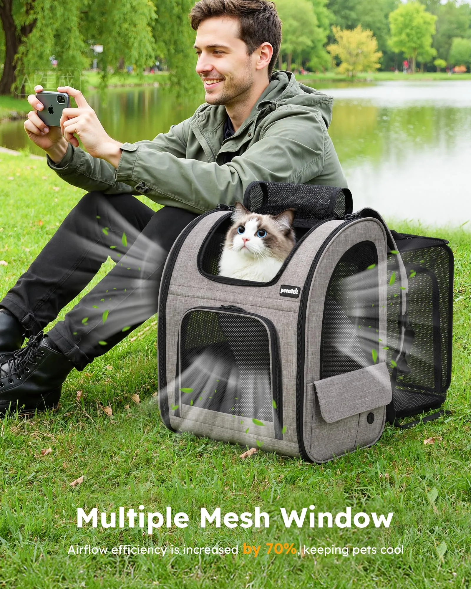 Pecute Zaino Trasportino Estensibile per Cani e Gatti, XL, Cachi - immagine 7