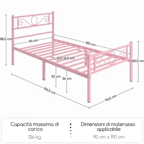 Yaheetech Struttura Letto Singolo in Ferro 90 x 190 cm - immagine 2
