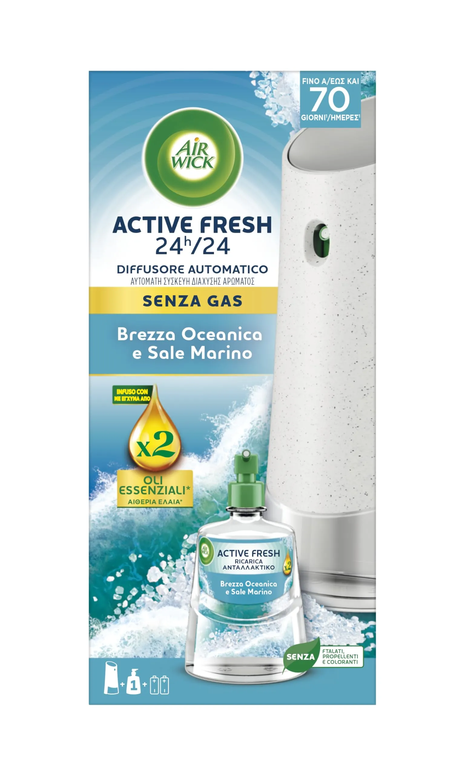 Airwick Active Fresh Deodorante per Ambienti, Diffusore Automatico senza gas, Ricarica Brezza Marina e Magnolia 228ml, 2 Pile AA - immagine 2