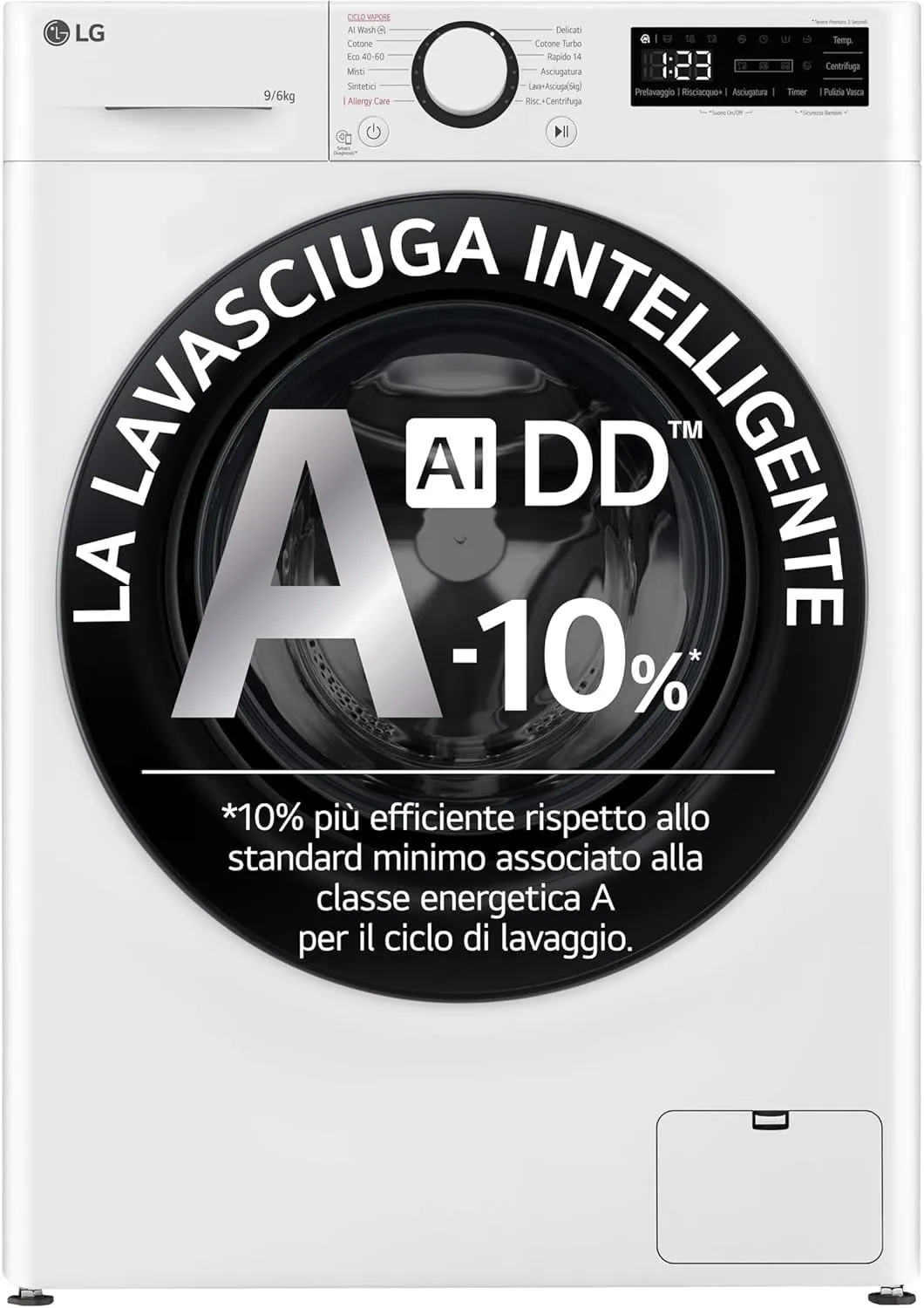 LG AI DD D4R3009NSWB Lavasciuga 9/6kg Serie R3 Classe A-10%/D, 1400 giri, Lavaggio a Vapore, Eco Hybrid, Allergy Care, Motore Inverter Direct Drive, Bianca - immagine 1