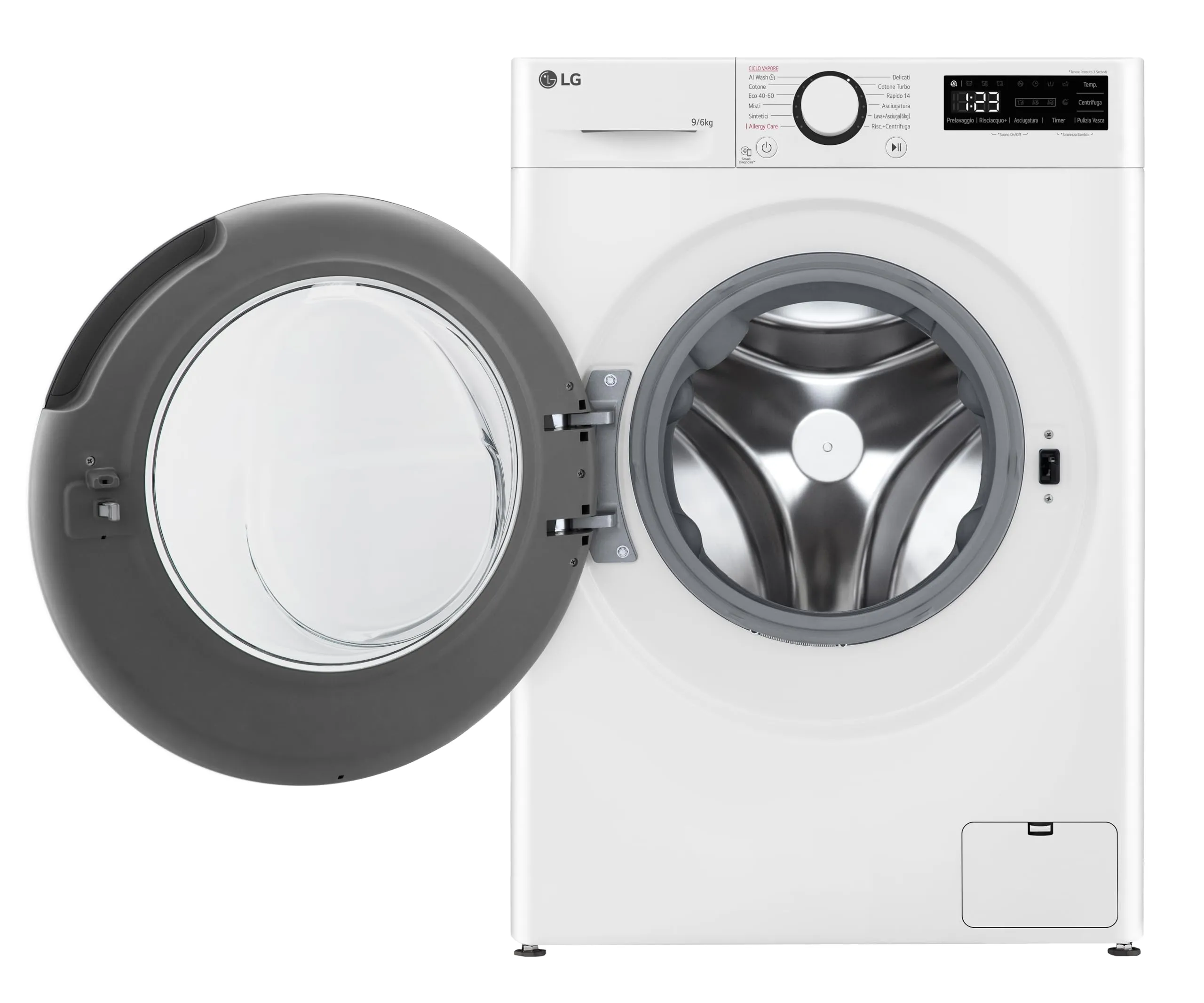 LG AI DD D4R3009NSWB Lavasciuga 9/6kg Serie R3 Classe A-10%/D, 1400 giri, Lavaggio a Vapore, Eco Hybrid, Allergy Care, Motore Inverter Direct Drive, Bianca - immagine 2