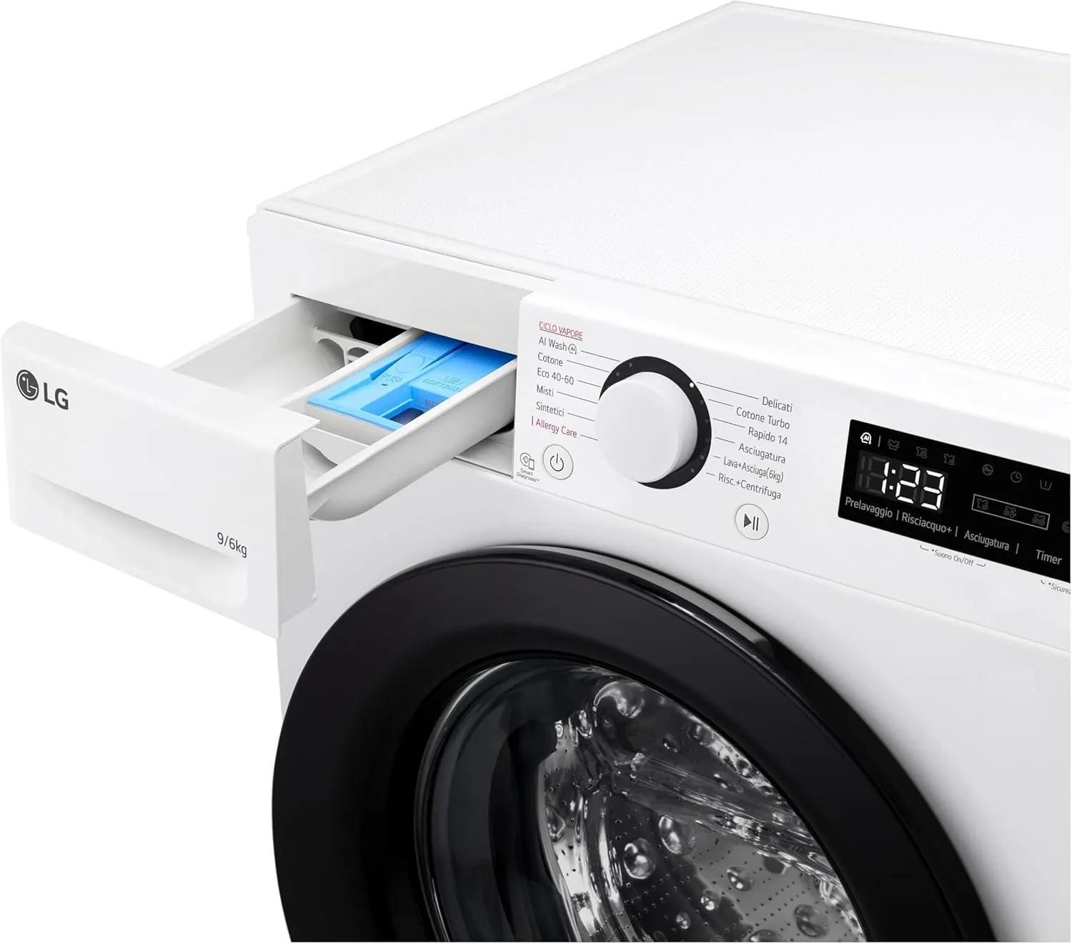 LG AI DD D4R3009NSWB Lavasciuga 9/6kg Serie R3 Classe A-10%/D, 1400 giri, Lavaggio a Vapore, Eco Hybrid, Allergy Care, Motore Inverter Direct Drive, Bianca - immagine 13