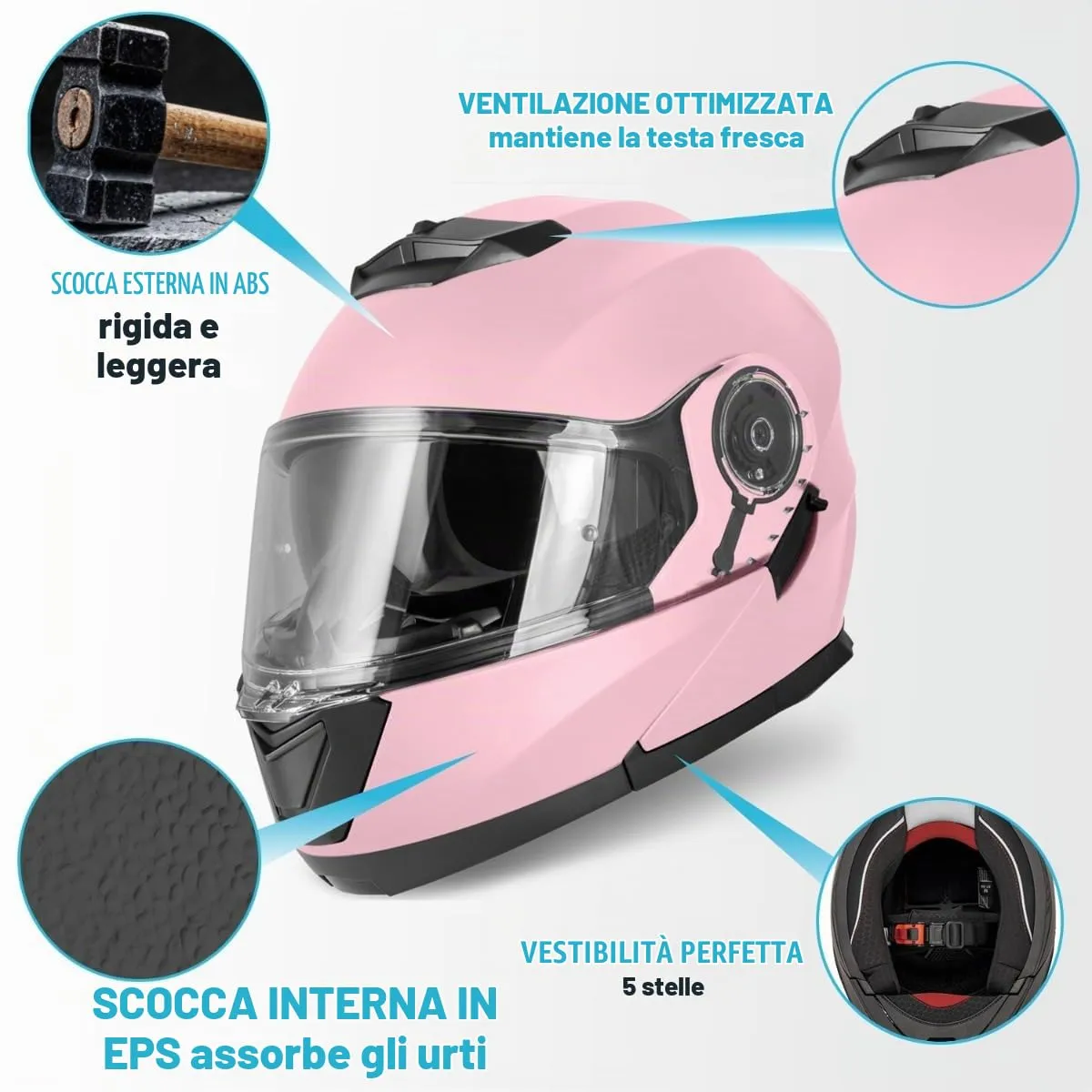 Vinz Santos Casco Modulare Moto & Scooter, Doppia Visiera, ECE 22.06 & Pinlock, Rosa, Taglia M - immagine 4