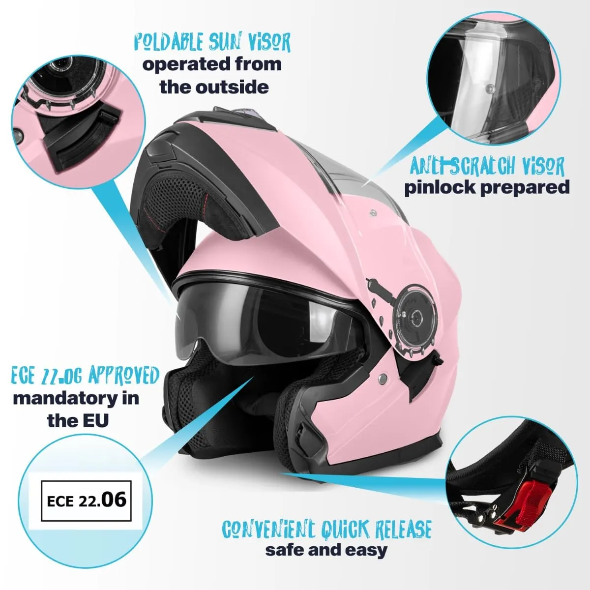 Vinz Santos Casco Modulare Moto & Scooter, Doppia Visiera, ECE 22.06, Pinlock Ready, Rosa - immagine 2