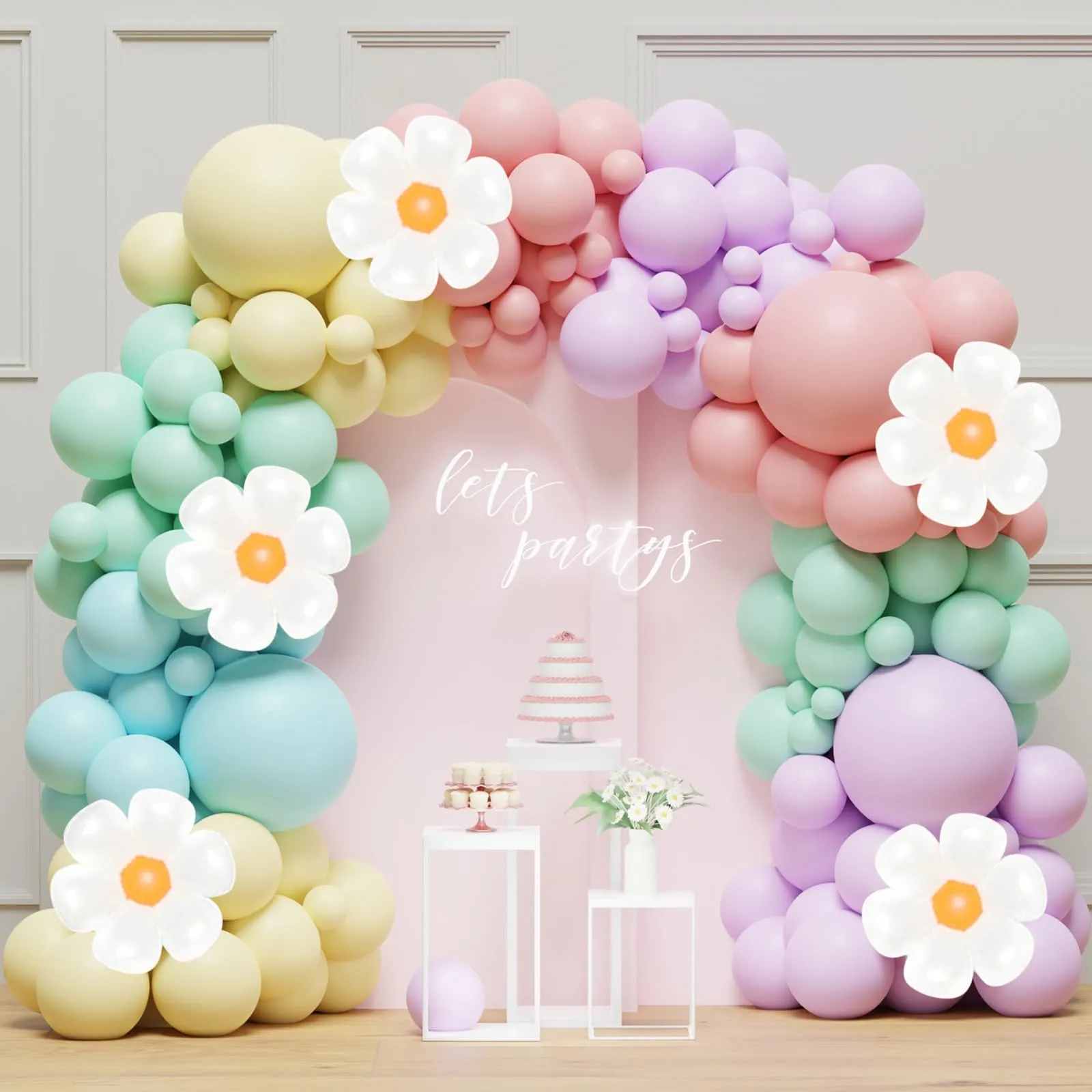 Frigg Kit Arco Palloncini Arcobaleno Pastello con Margherita, 136 Pezzi - immagine 1