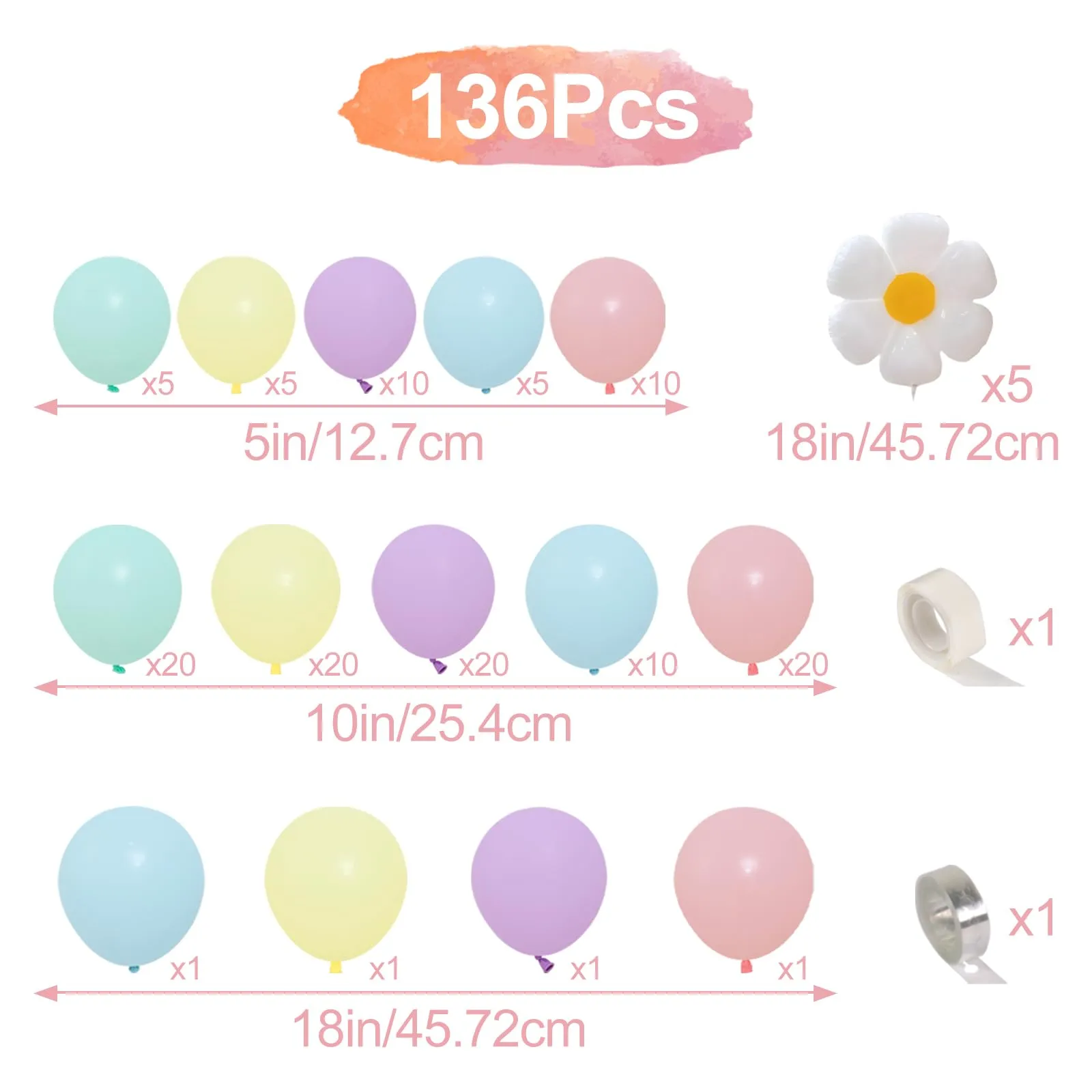 Frigg Kit Arco Palloncini Arcobaleno Pastello con Margherita, 136 Pezzi - immagine 2