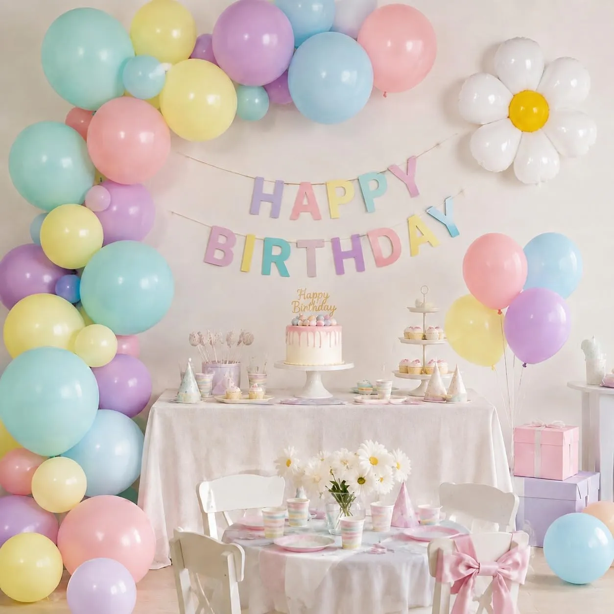 Frigg Kit Arco Palloncini Arcobaleno Pastello con Margherita, 136 Pezzi - immagine 3