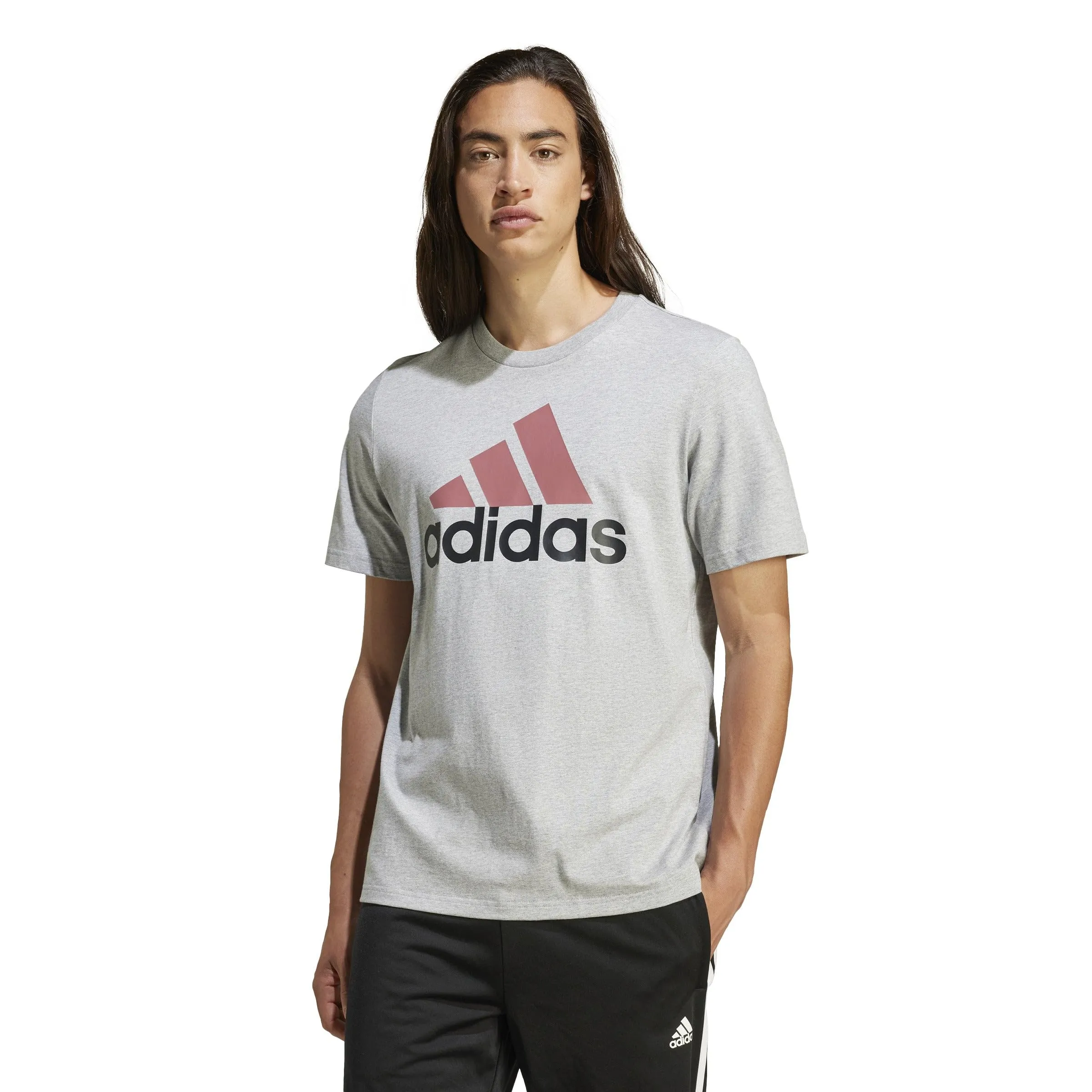 Adidas Essentials Single Jersey Men's T-Shirt with Large Logo - Medium Erica Grey/Preamato Crimson/Black - S Tall - immagine 3