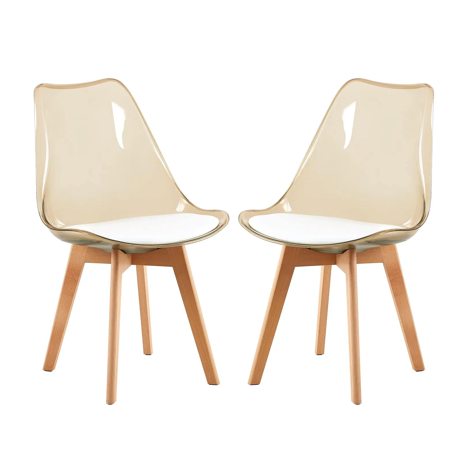 EGGREE Set di 2 Sedie da Pranzo Scandinave, Schienale Trasparente Marrone, Gambe in Legno di Faggio e Cuscino in Pelle PU Bianco - immagine 1