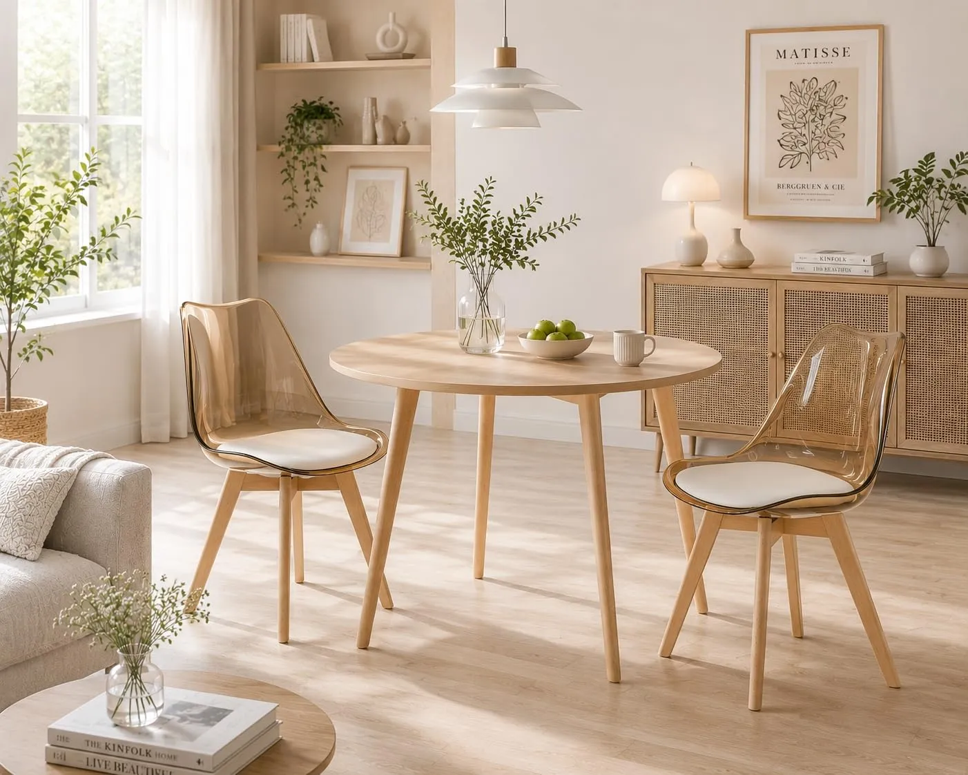 EGGREE Set di 2 Sedie da Pranzo Scandinave, Schienale Trasparente Marrone, Gambe in Legno di Faggio e Cuscino in Pelle PU Bianco - immagine 2