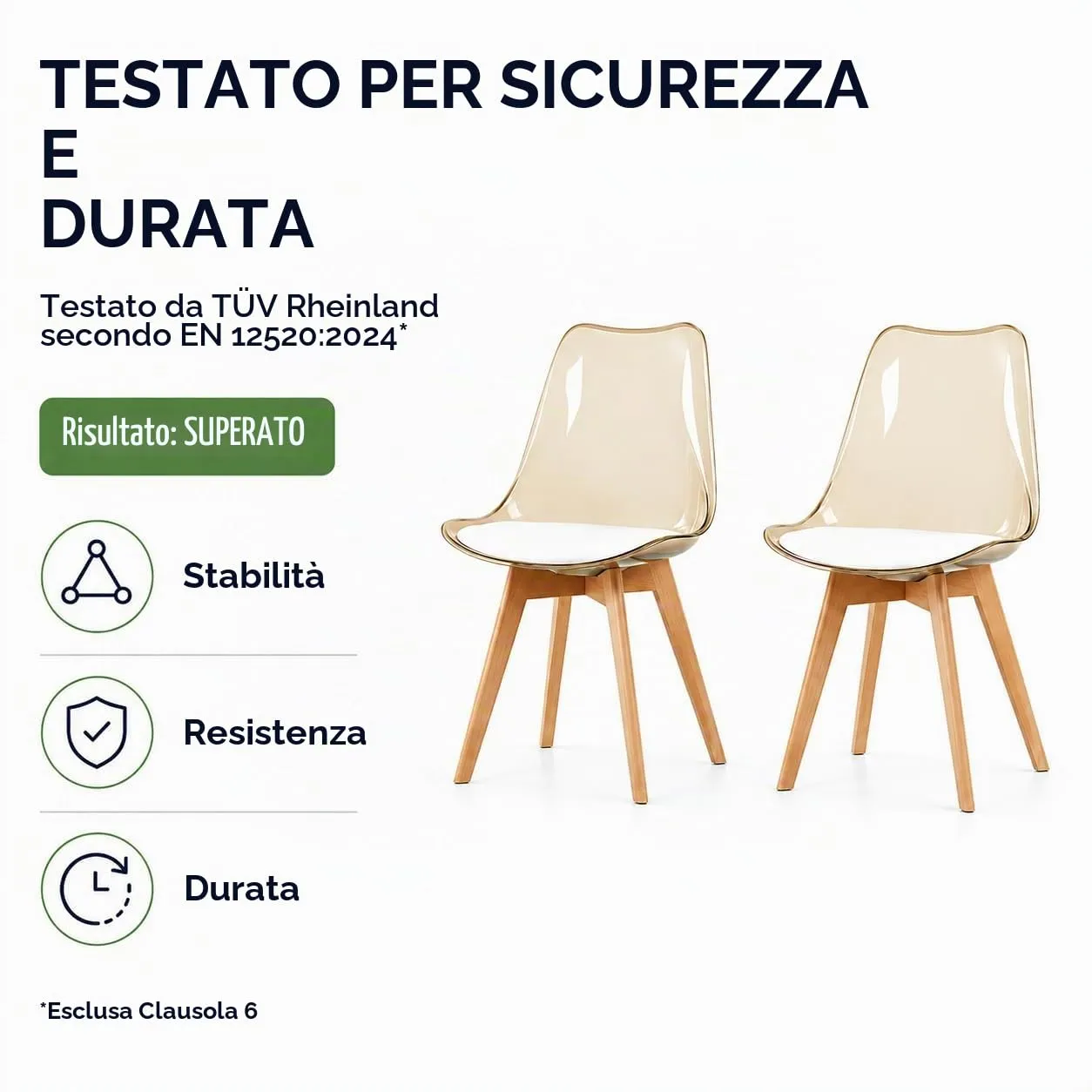 EGGREE Set di 2 Sedie da Pranzo Scandinave, Schienale Trasparente Marrone, Gambe in Legno di Faggio e Cuscino in Pelle PU Bianco - immagine 3