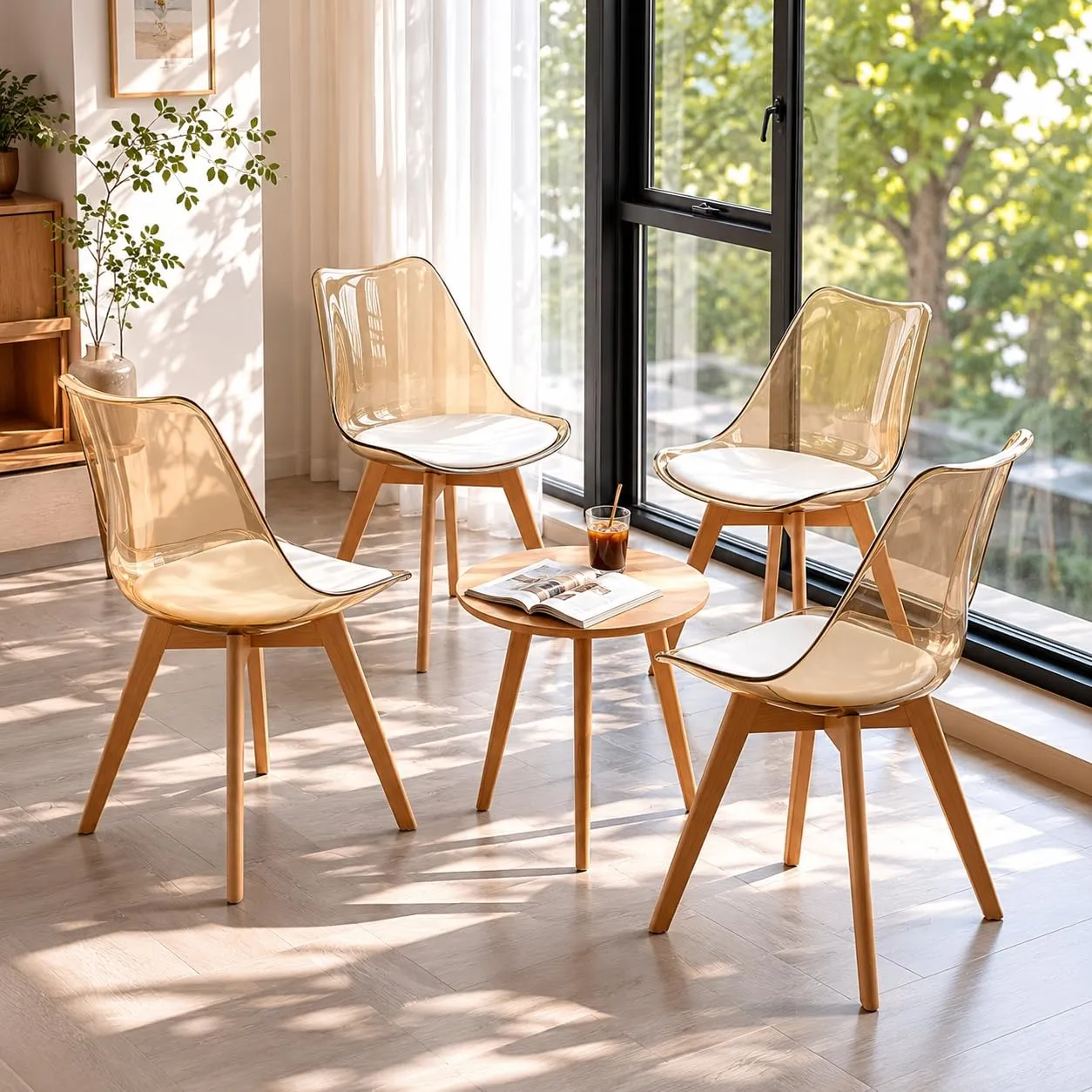 EGGREE Set di 2 Sedie da Pranzo Scandinave, Schienale Trasparente Marrone, Gambe in Legno di Faggio e Cuscino in Pelle PU Bianco - immagine 4