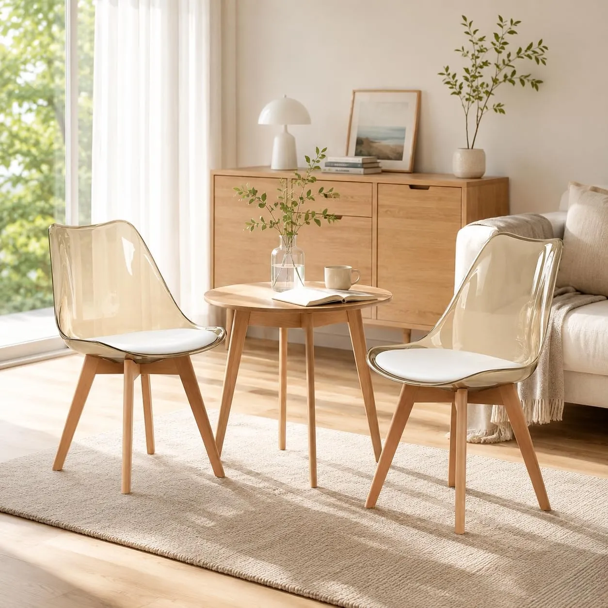 EGGREE Set di 2 Sedie da Pranzo Scandinave, Schienale Trasparente Marrone, Gambe in Legno di Faggio e Cuscino in Pelle PU Bianco - immagine 5