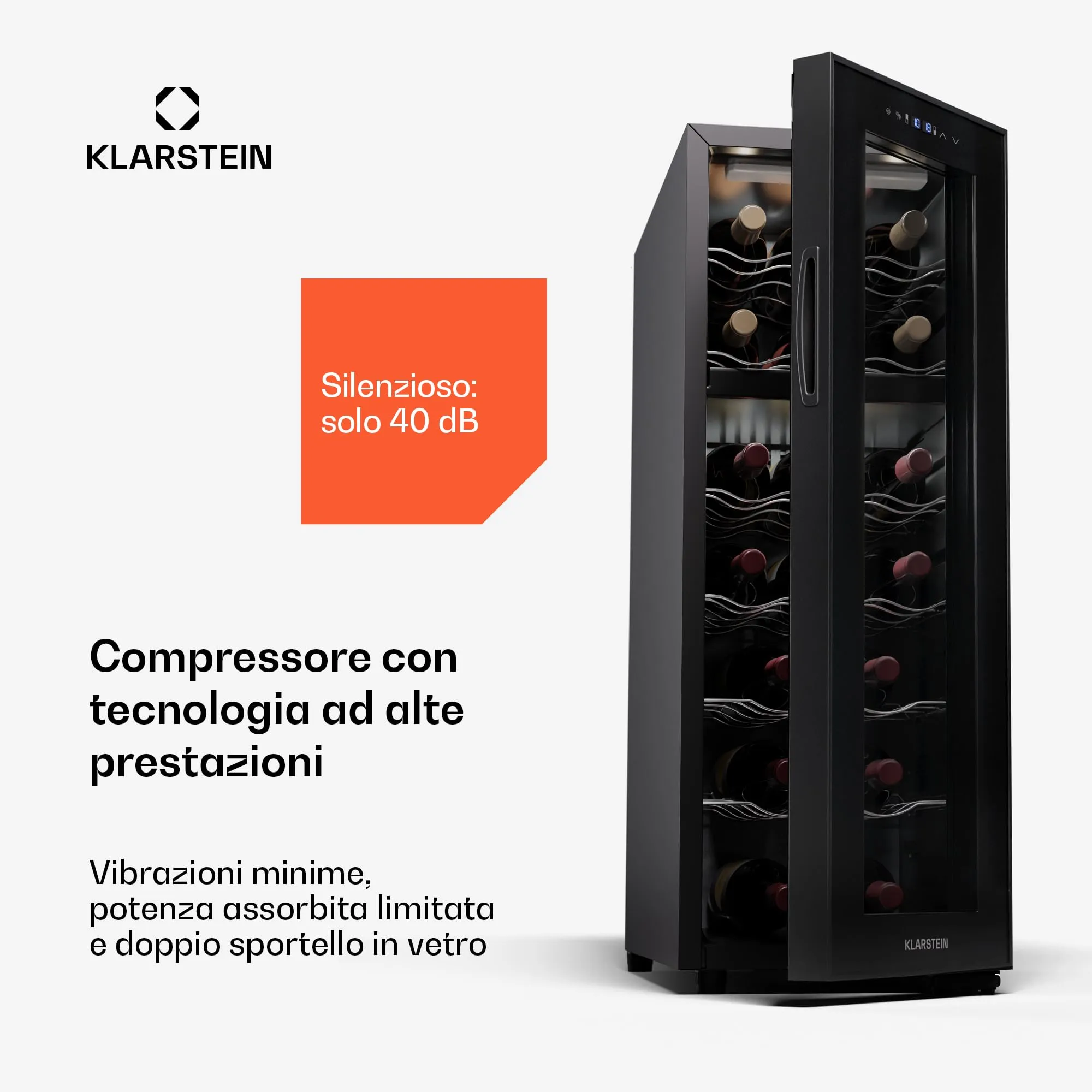 Klarstein Shiraz Cantinetta Vino Nero, 18 Bottiglie, Doppia Temperatura, 5–18 °C - immagine 2