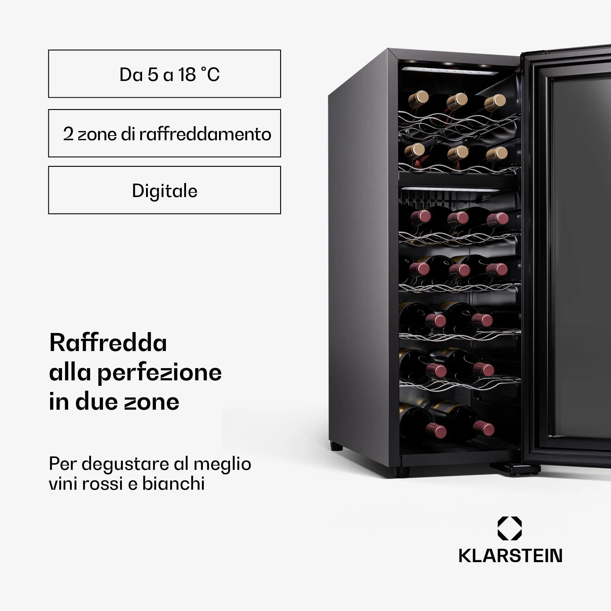 Klarstein Shiraz Cantinetta Vino Nero, 18 Bottiglie, Doppia Temperatura, 5–18 °C - immagine 3