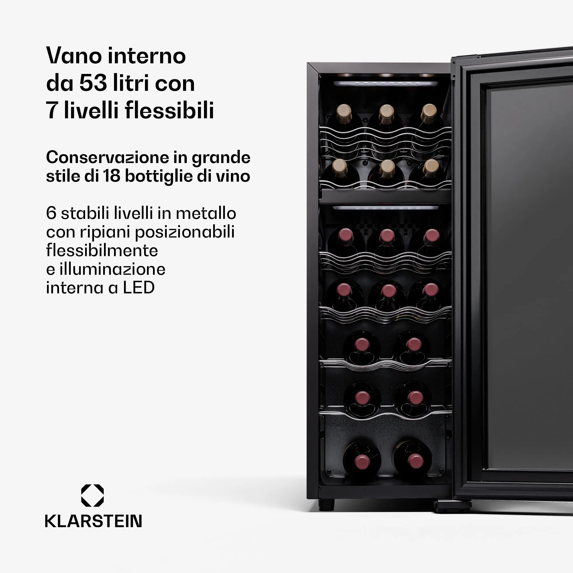 Klarstein Shiraz Cantinetta Vino Nero, 18 Bottiglie, Doppia Temperatura, 5–18 °C - immagine 4