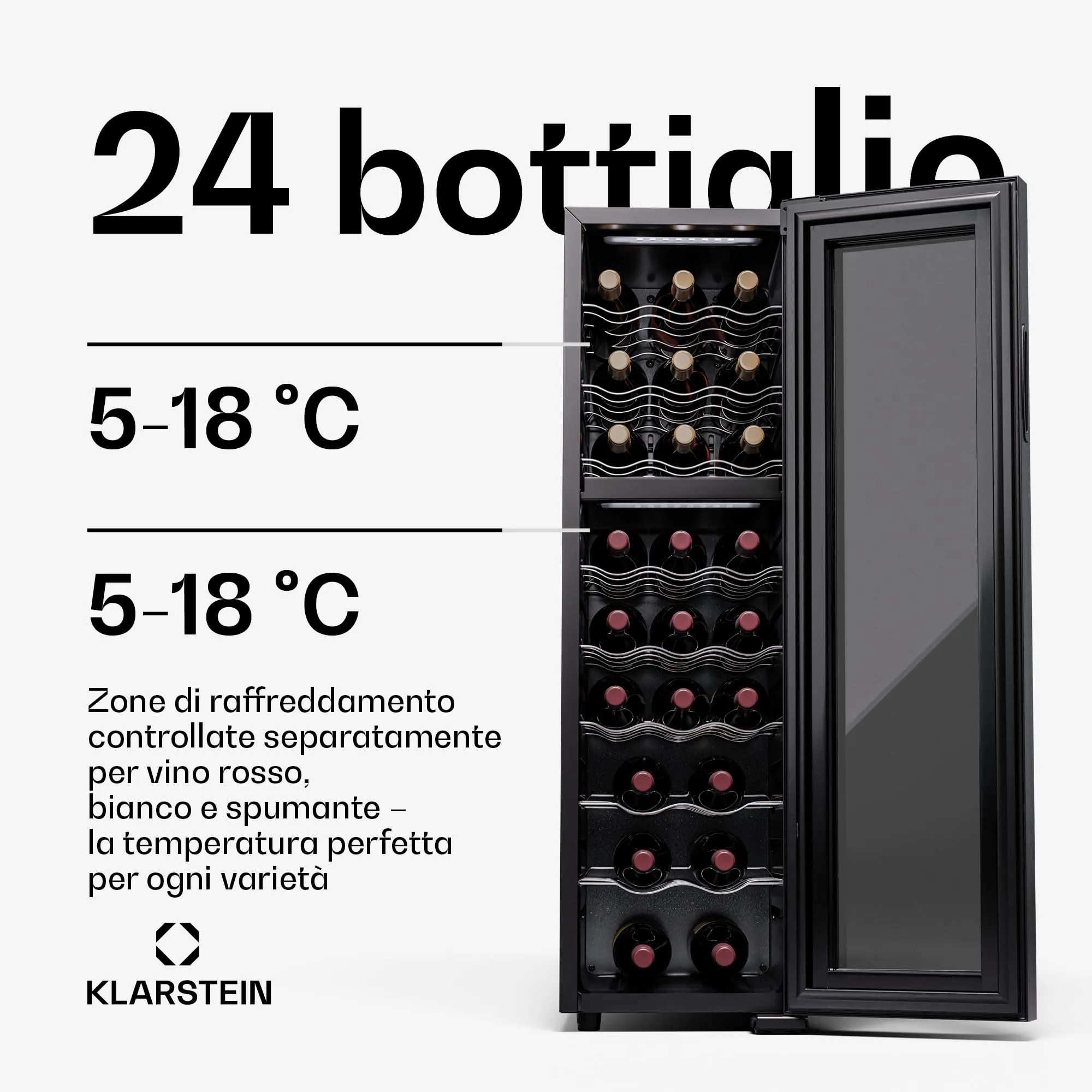 Klarstein Shiraz Cantinetta Vino Nero, 24 Bottiglie, Doppia Temperatura, 5–18 °C, Telaio Inox, Slim - immagine 3
