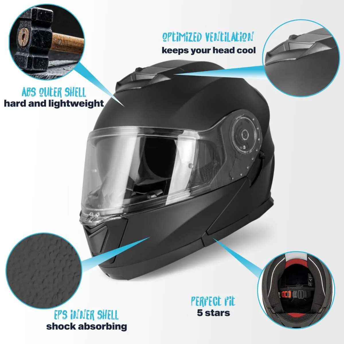 Vinz Santos Casco Modulare Moto & Scooter, Doppia Visiera, ECE 22.06, Pinlock Preparato, Nero Opaco - immagine 4