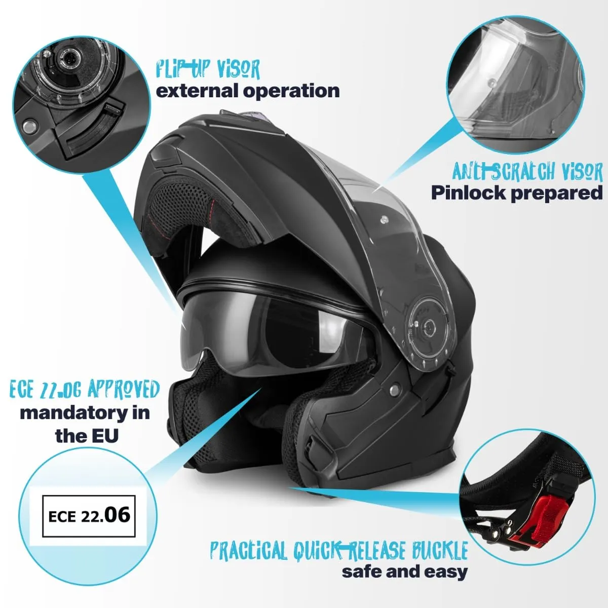 Vinz Santos Casco Modulare Moto & Scooter, Doppia Visiera, ECE 22.06 & Pinlock, Nero Opaco - immagine 2