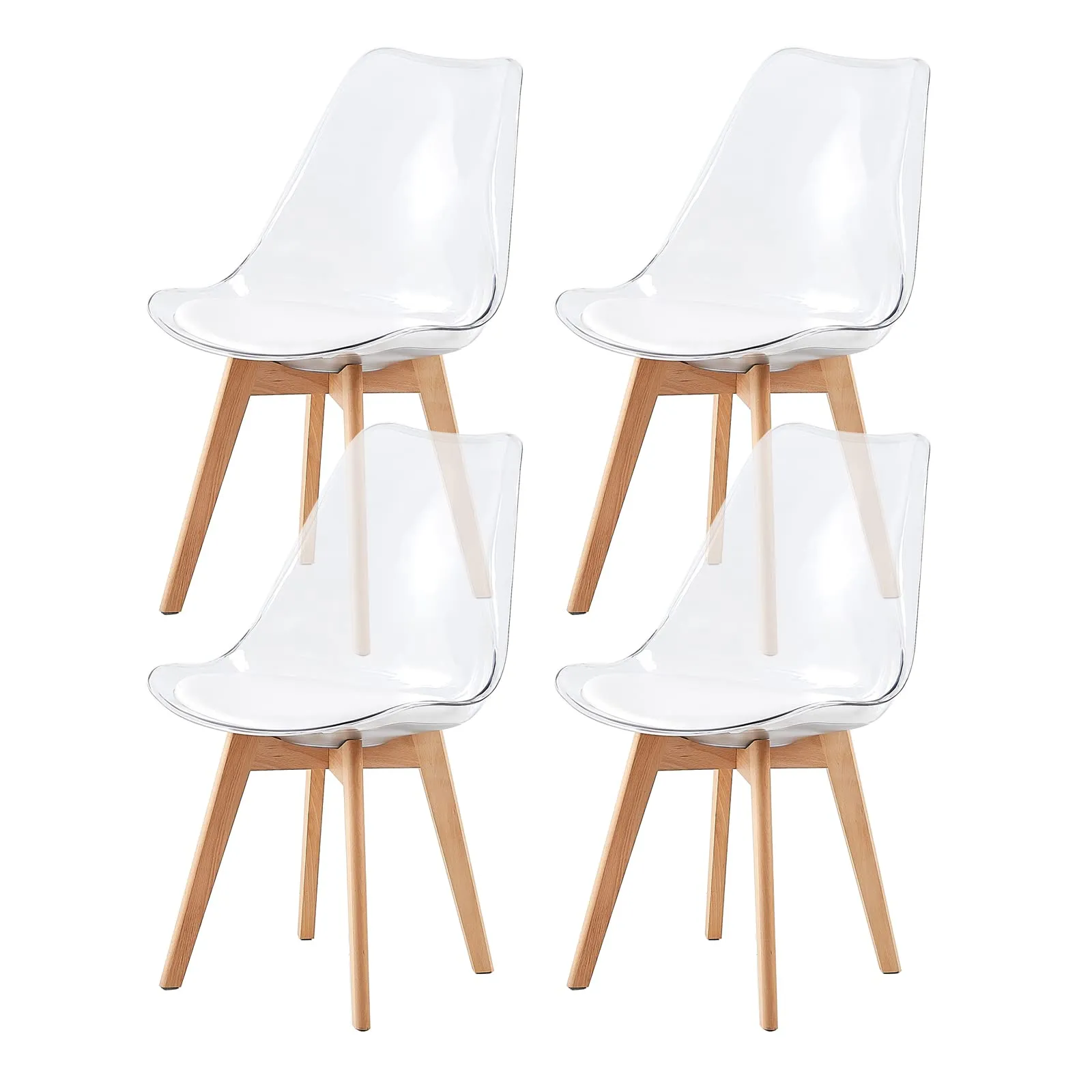EGGREE Set di 4 Sedie da Pranzo Scandinave con Schienale Trasparente, Gambe in Legno di Faggio e Cuscino in Pelle PU Bianco - immagine 1