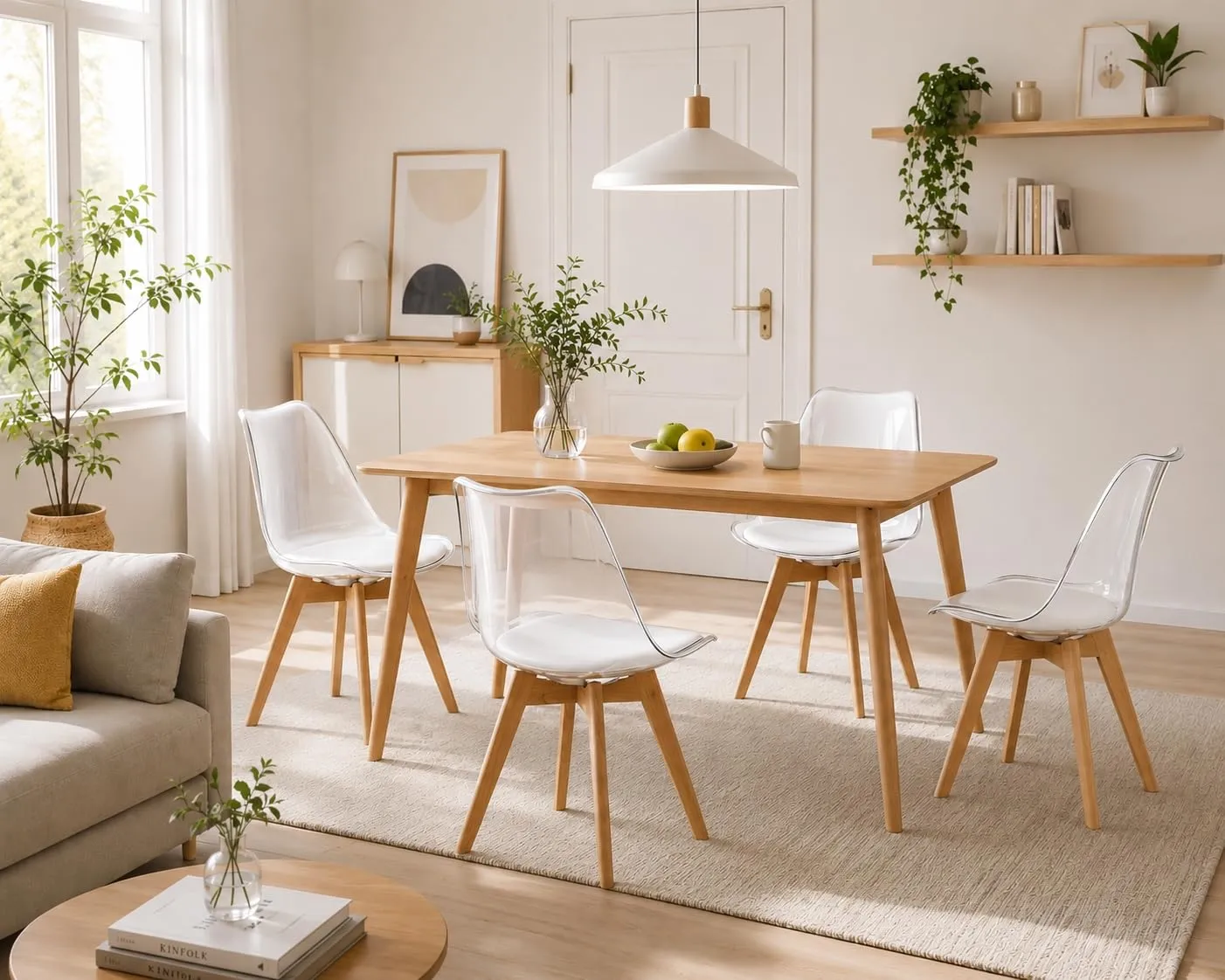 EGGREE Set di 4 Sedie da Pranzo Scandinave con Schienale Trasparente, Gambe in Legno di Faggio e Cuscino in Pelle PU Bianco - immagine 2