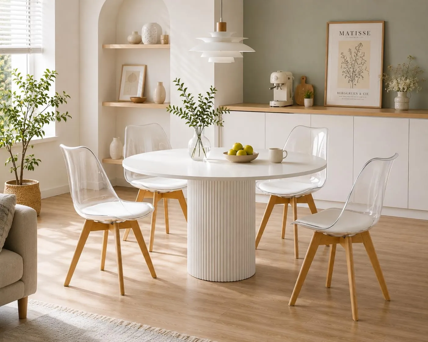 EGGREE Set di 4 Sedie da Pranzo Scandinave con Schienale Trasparente, Gambe in Legno di Faggio e Cuscino in Pelle PU Bianco - immagine 5