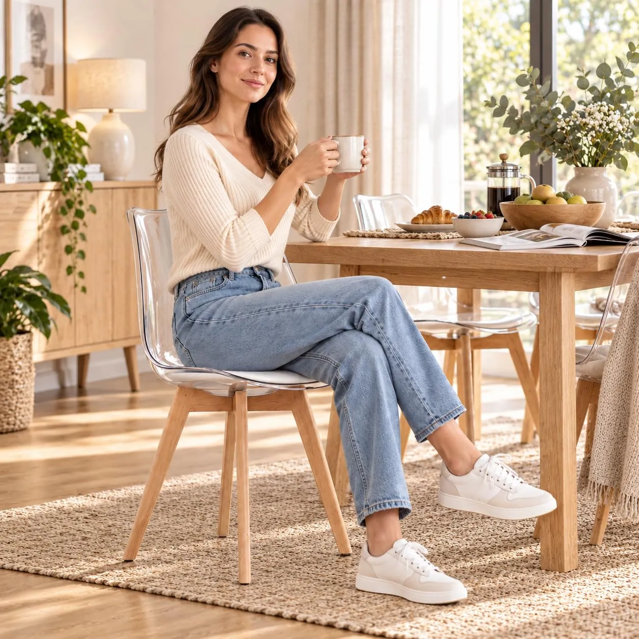 EGGREE Set di 4 Sedie da Pranzo Scandinave con Schienale Trasparente, Gambe in Legno di Faggio e Cuscino in Pelle PU Bianco - immagine 7