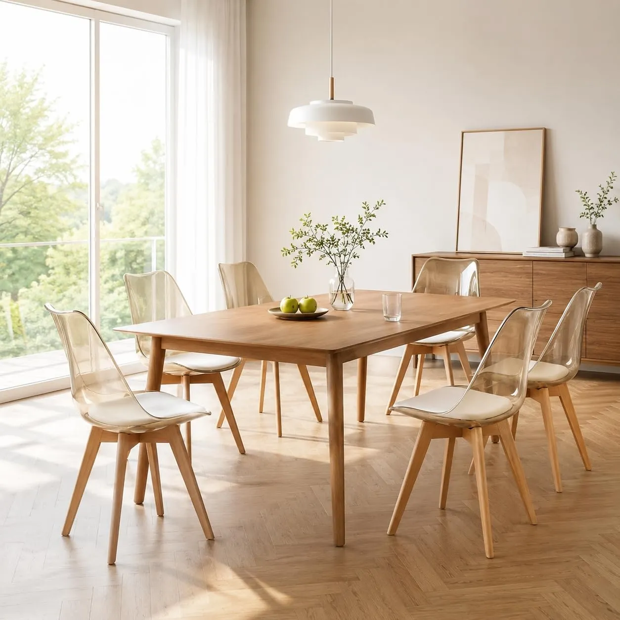 EGGREE Set di 6 Sedie da Pranzo Scandinave, Schienale Trasparente Marrone, Gambe in Legno di Faggio e Cuscino in Pelle PU Bianco - immagine 3