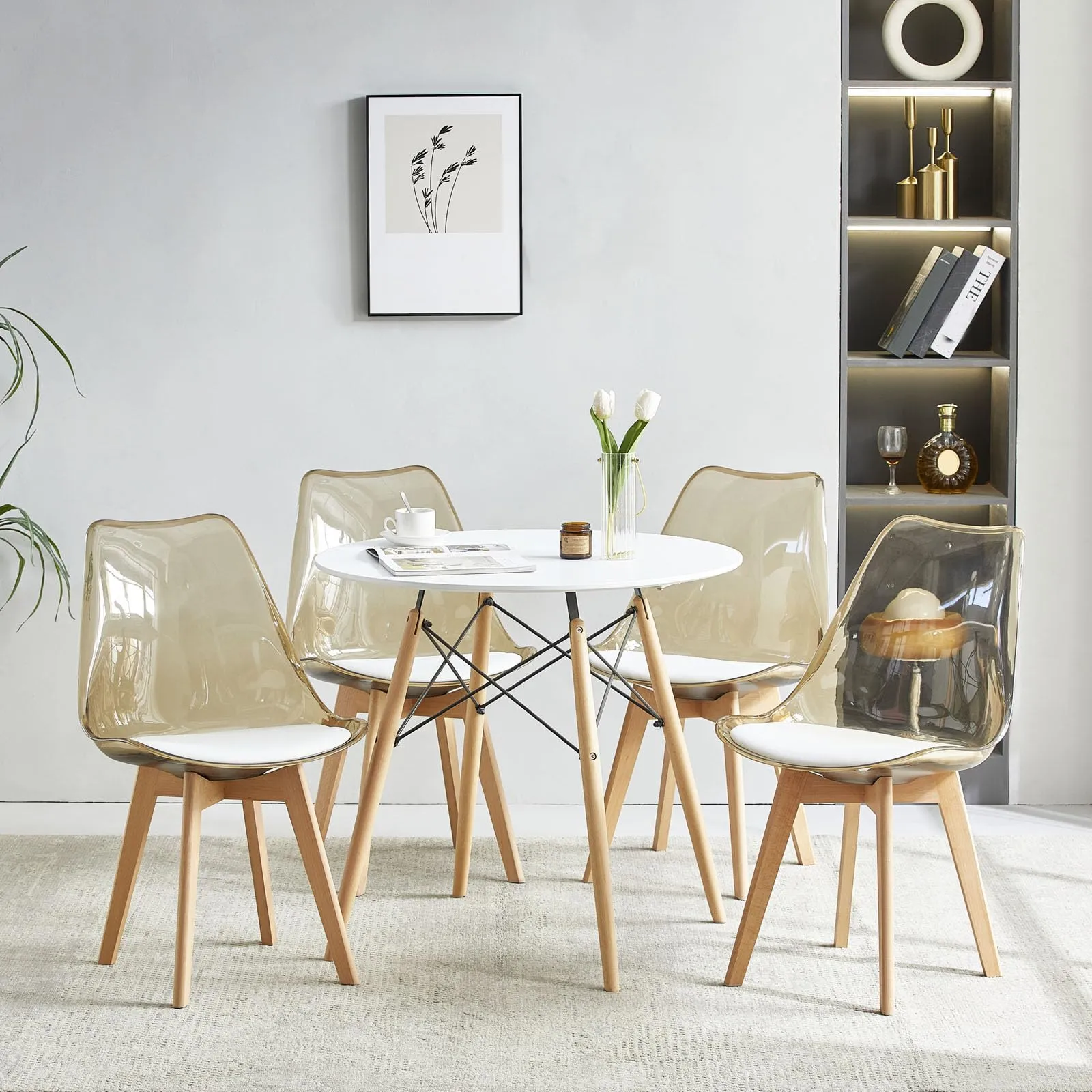 EGGREE Set di 6 Sedie da Pranzo Scandinave, Schienale Trasparente Marrone, Gambe in Legno di Faggio e Cuscino in Pelle PU Bianco - immagine 4