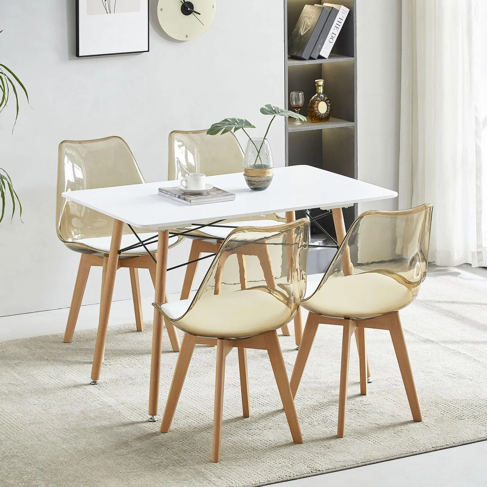 EGGREE Set di 6 Sedie da Pranzo Scandinave, Schienale Trasparente Marrone, Gambe in Legno di Faggio e Cuscino in Pelle PU Bianco - immagine 5