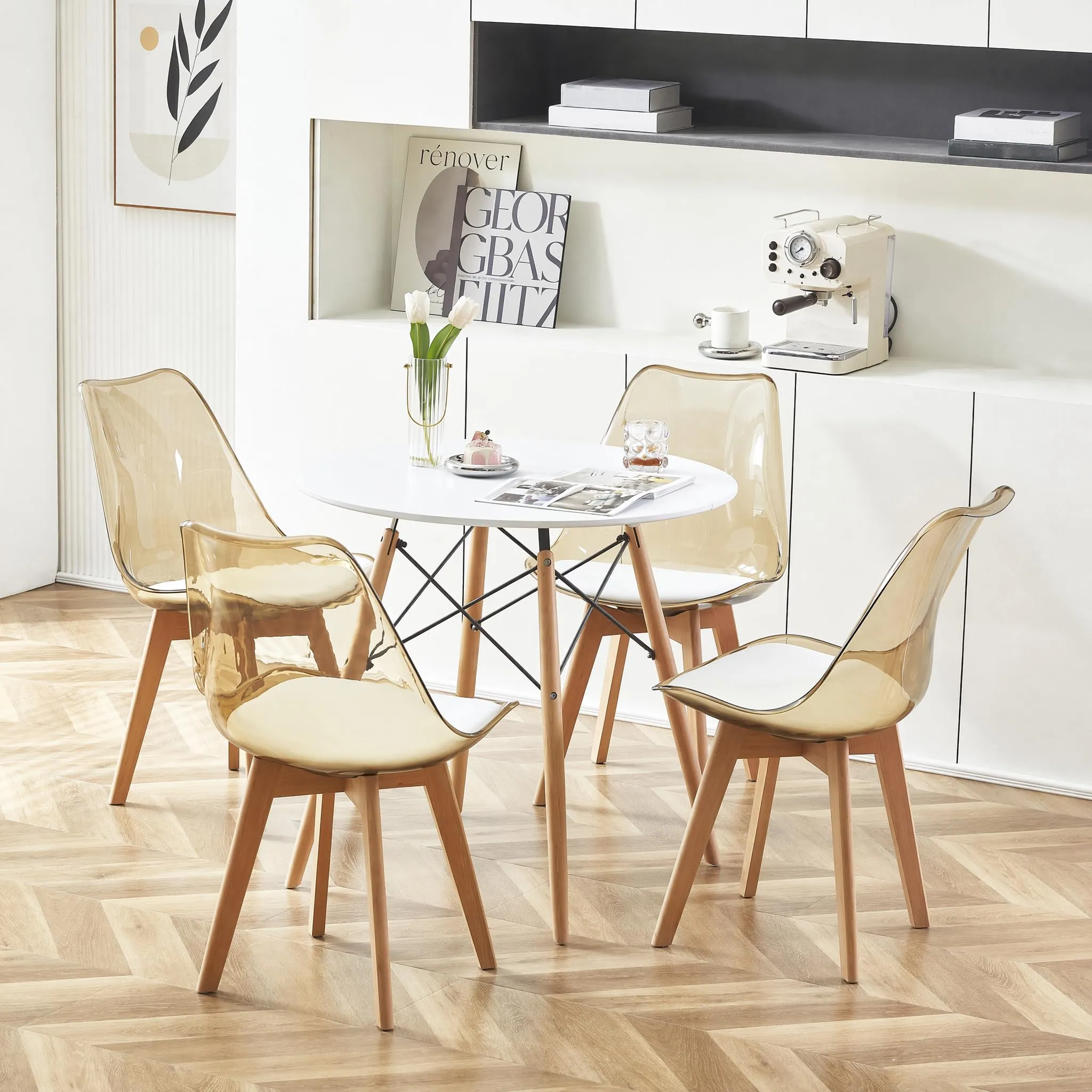 EGGREE Set di 6 Sedie da Pranzo Scandinave, Schienale Trasparente Marrone, Gambe in Legno di Faggio e Cuscino in Pelle PU Bianco - immagine 6