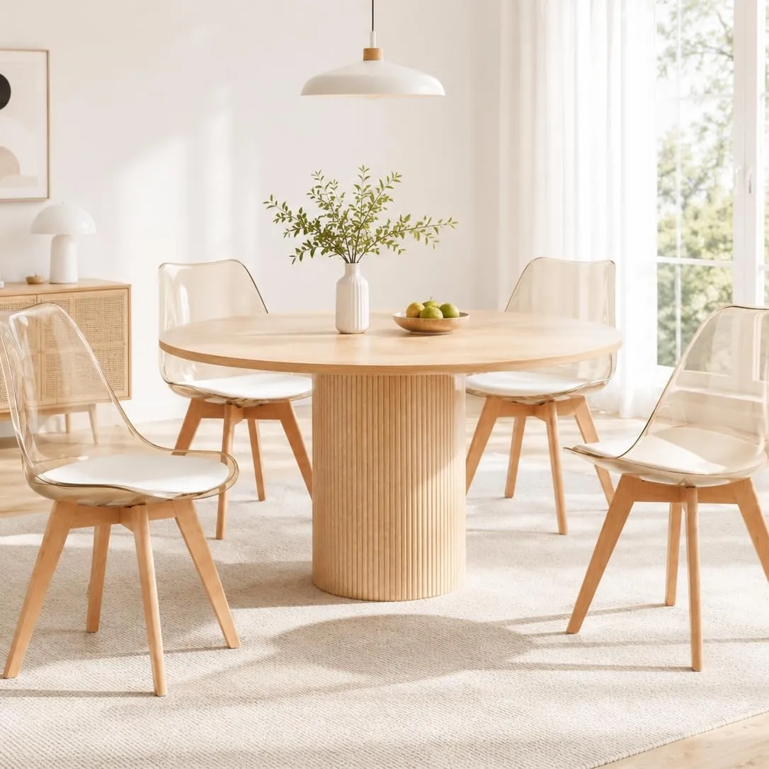 EGGREE Set di 4 Sedie da Pranzo Scandinave con Schienale Trasparente Marrone, Gambe in Legno di Faggio e Cuscino in Pelle PU Bianco - immagine 2
