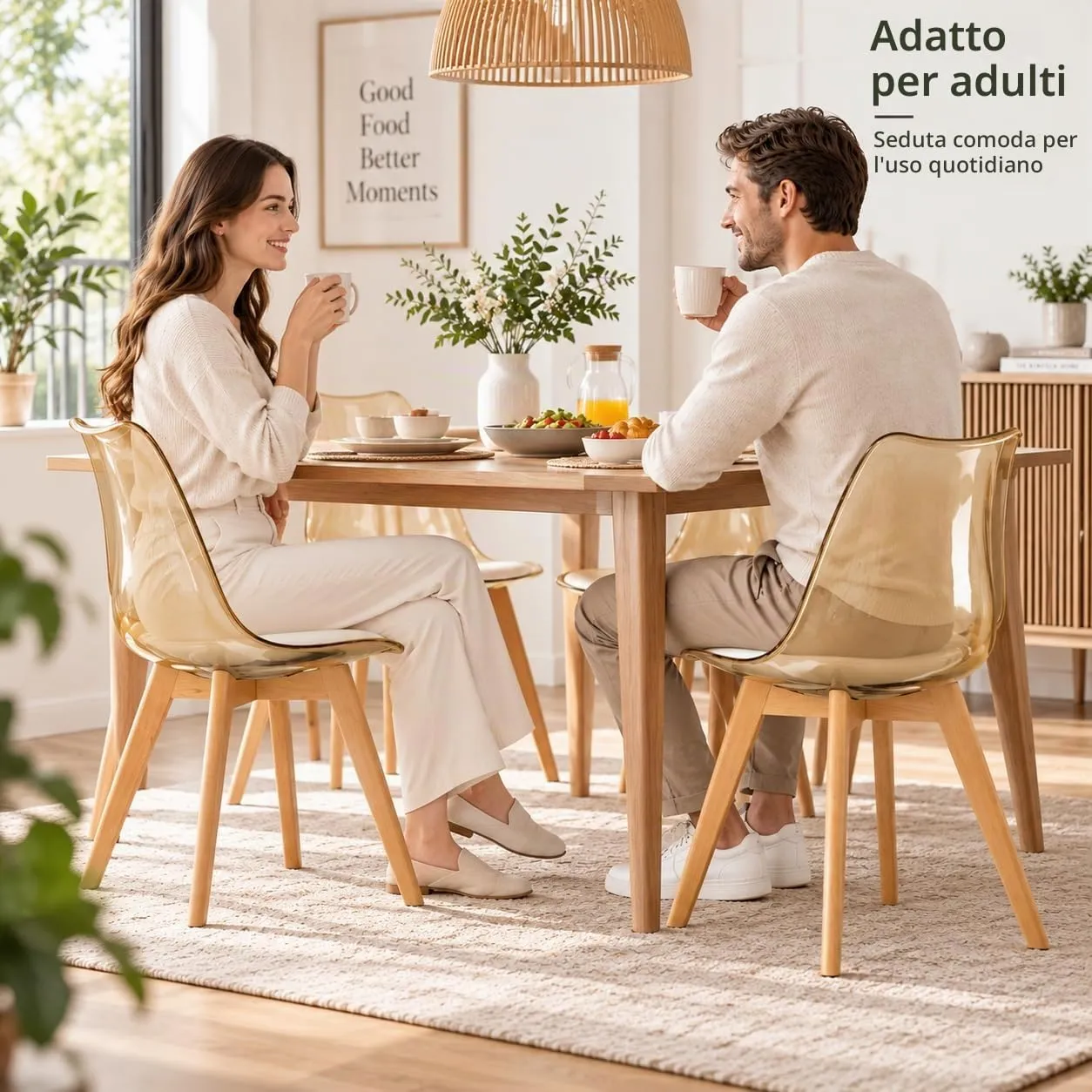EGGREE Set di 4 Sedie da Pranzo Scandinave con Schienale Trasparente Marrone, Gambe in Legno di Faggio e Cuscino in Pelle PU Bianco - immagine 4