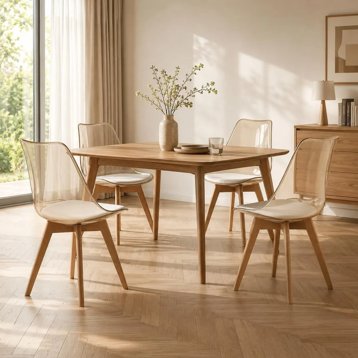 EGGREE Set di 4 Sedie da Pranzo Scandinave con Schienale Trasparente Marrone, Gambe in Legno di Faggio e Cuscino in Pelle PU Bianco - immagine 5