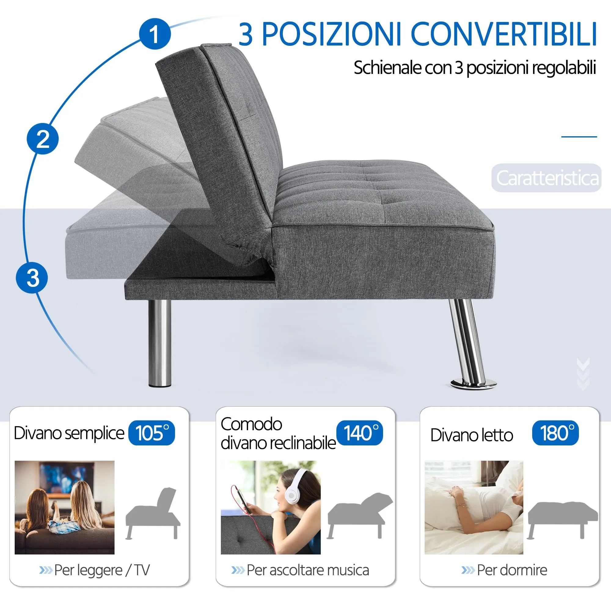 Yaheetech Divano Letto Trasformabile Grigio Scuro - immagine 4