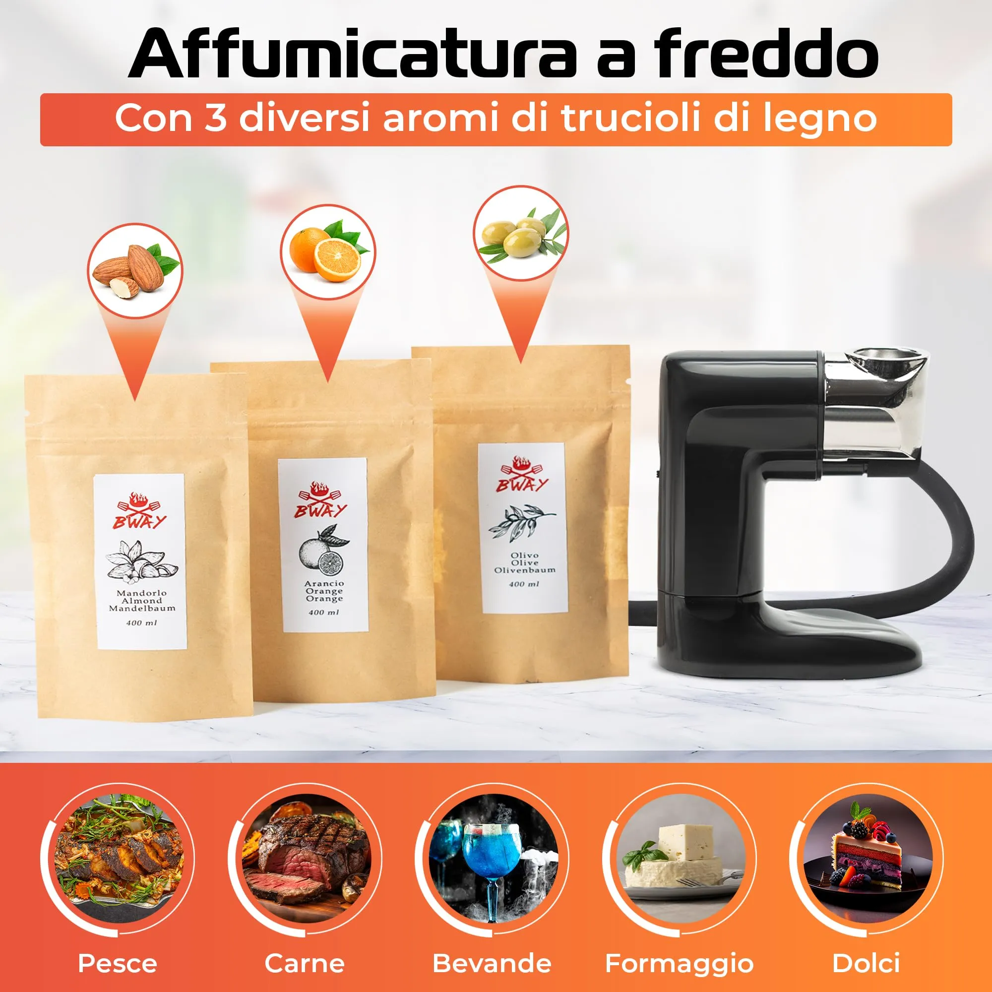 BWAY Affumicatore da Cucina Professionale a Freddo Smoking Gun con 3 Aromi di Trucioli e eBook 20 Ricette - immagine 3