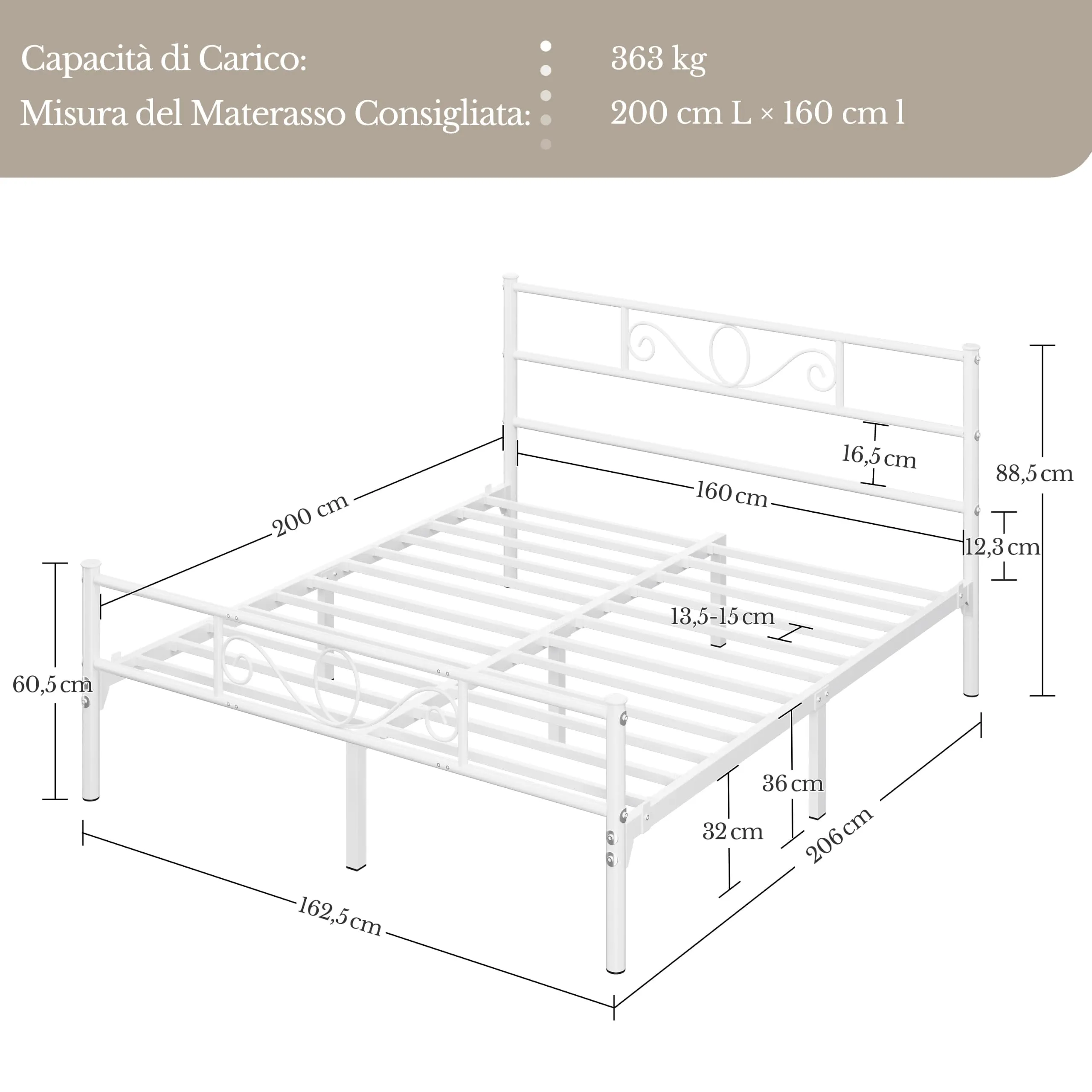 Yaheetech Struttura Letto Matrimoniale in Ferro 160 x 200 cm - immagine 2