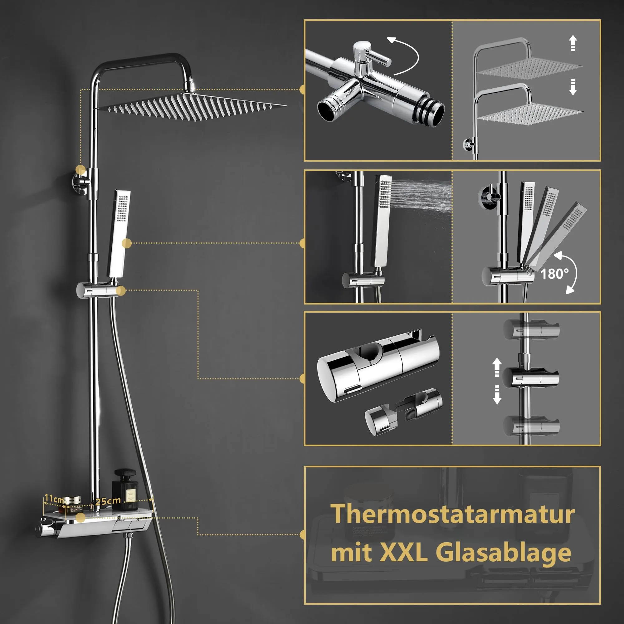 Görbach Colonna Doccia in Acciaio Inox con Miscelatore Termostatico e Soffione 30x30 cm, Cromo - immagine 5