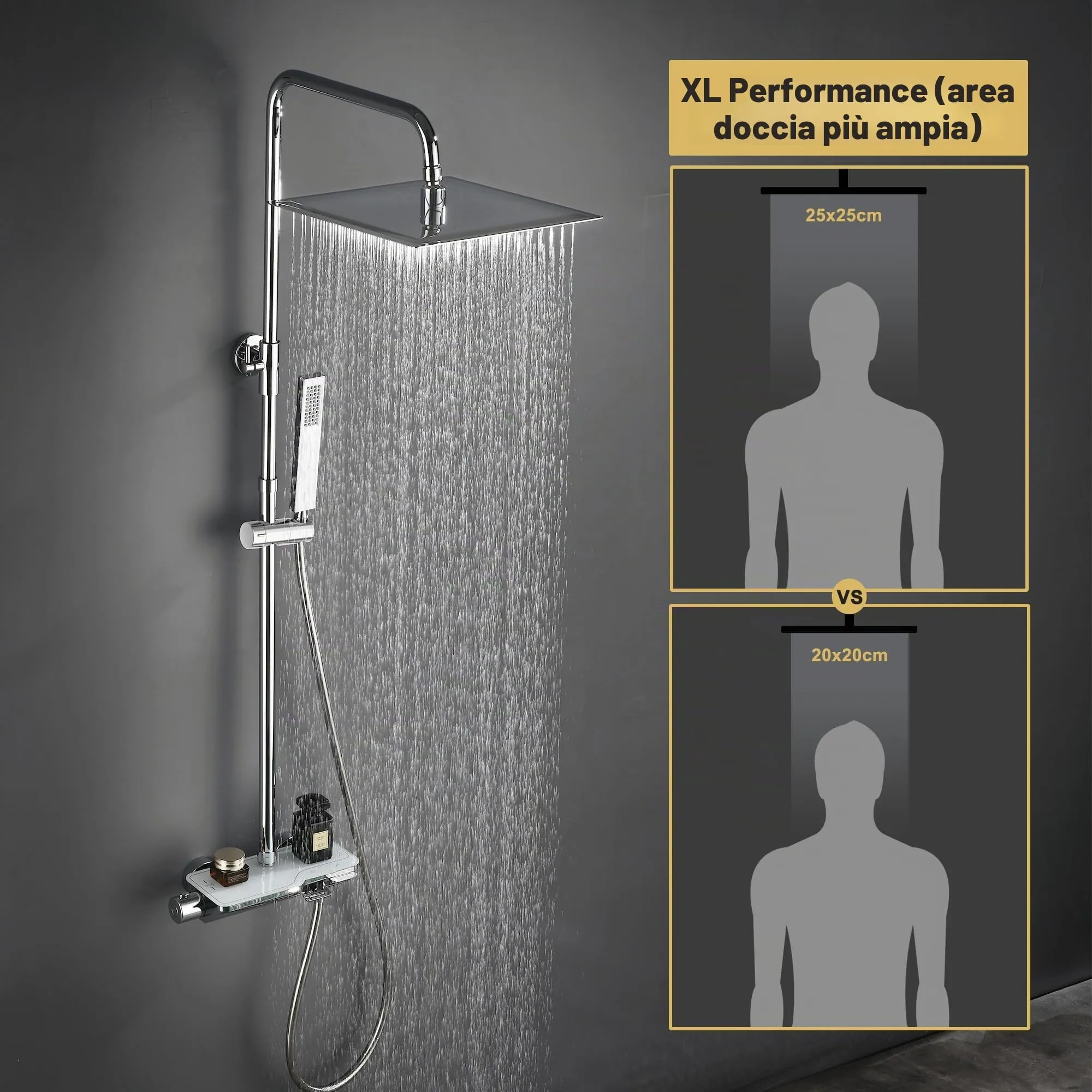 Görbach Colonna Doccia in Acciaio Inox con Miscelatore Termostatico, Soffione 25x25 cm, Cromo - SJ-TP2525CP - immagine 2